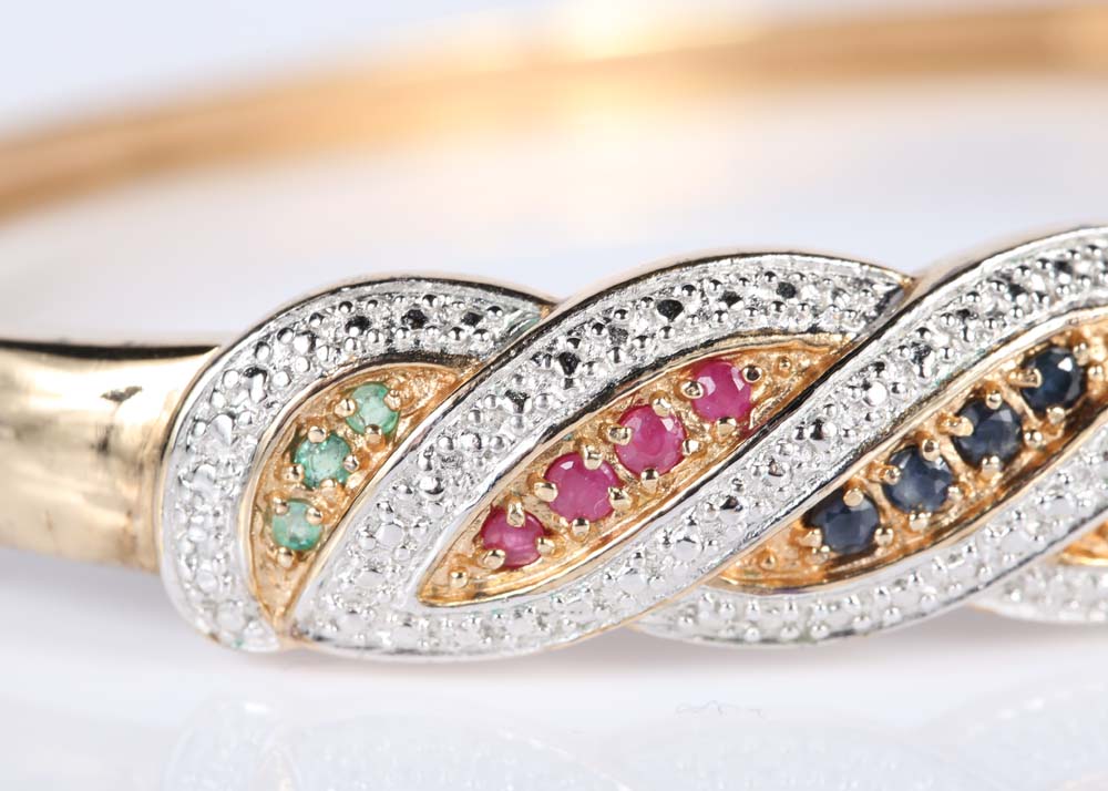 Gold Over Sterling Silver Emerald, Ruby, Sapphire and Diamond Bangle
