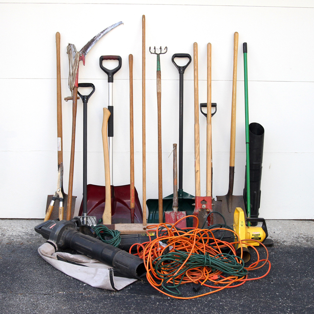 Assortment of Lawn Tools and Extension Cords