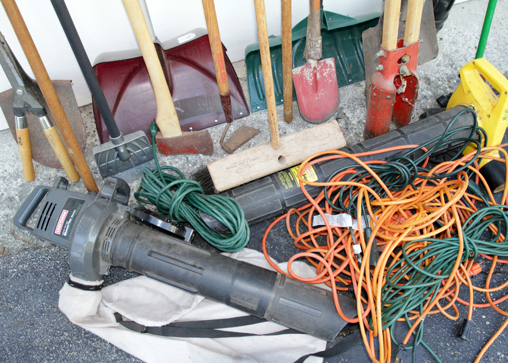 Assortment of Lawn Tools and Extension Cords