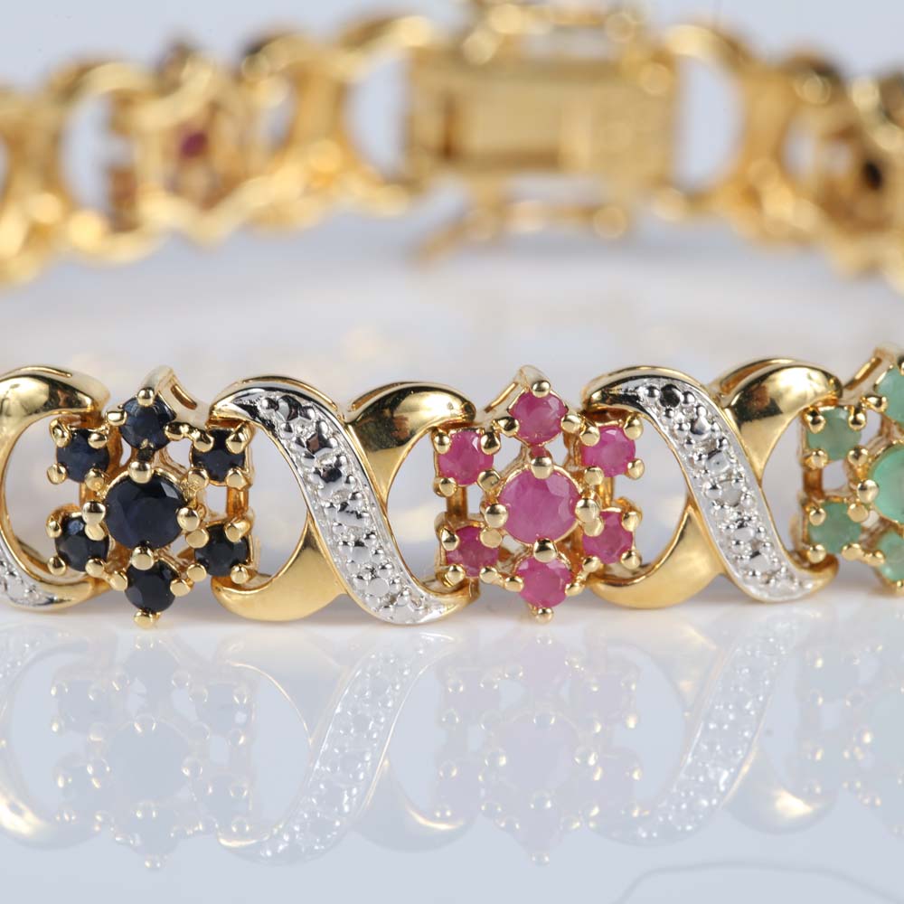 Gold Over Sterling Silver Emerald, Ruby, Sapphire and Diamond Bracelet
