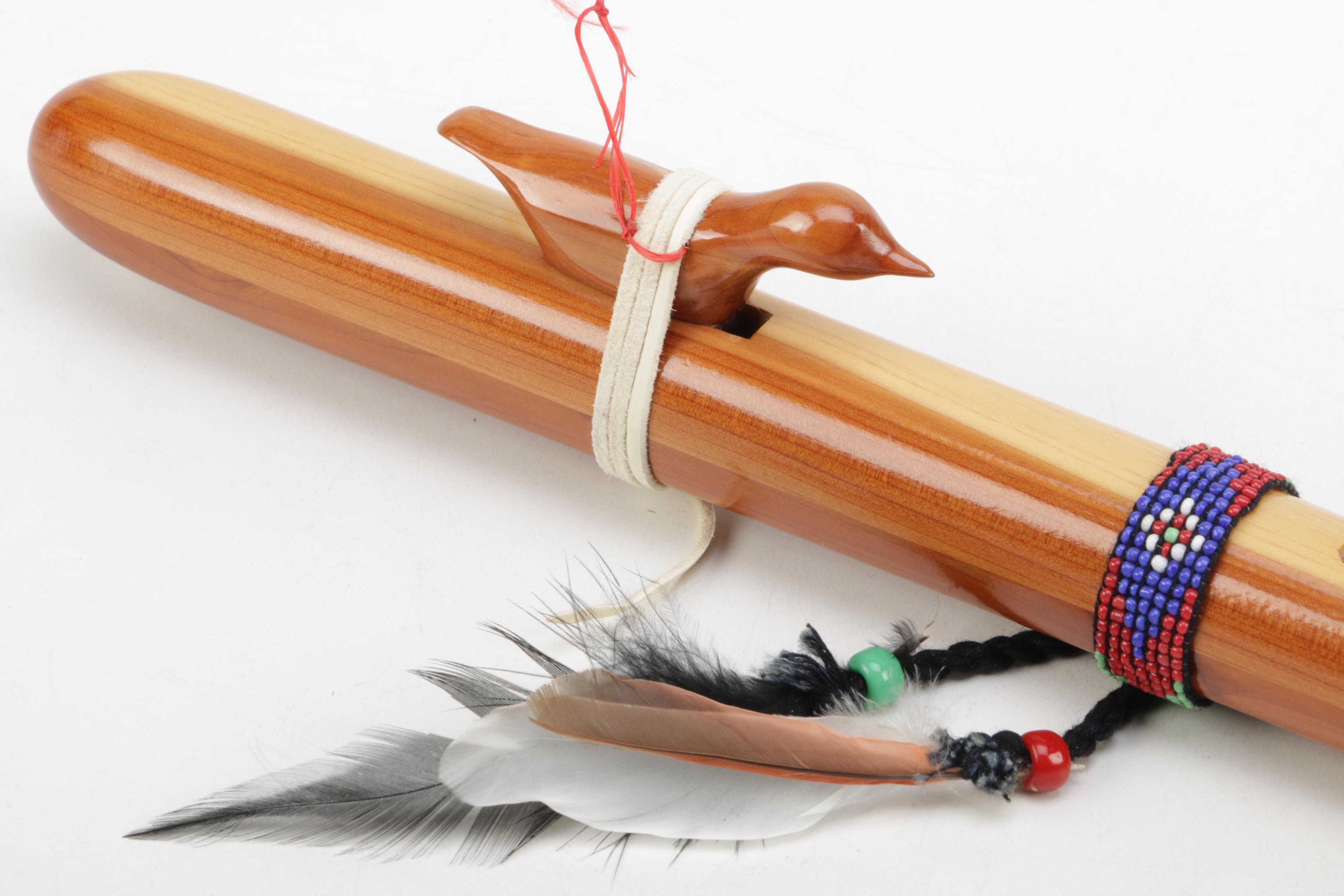 Cherokee Wood Flute with Beading and Feathers