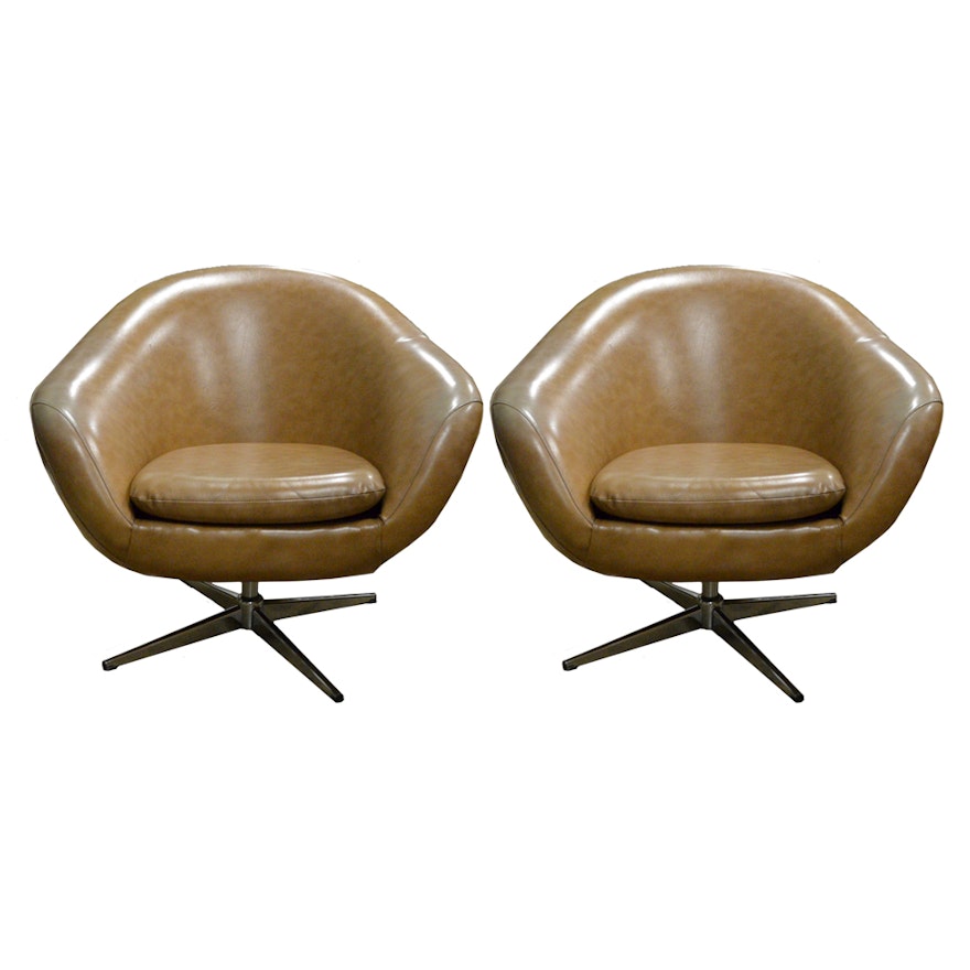 Vintage Mid Century Modern Brown Vinyl Swivel Chairs by Overman of Sweden