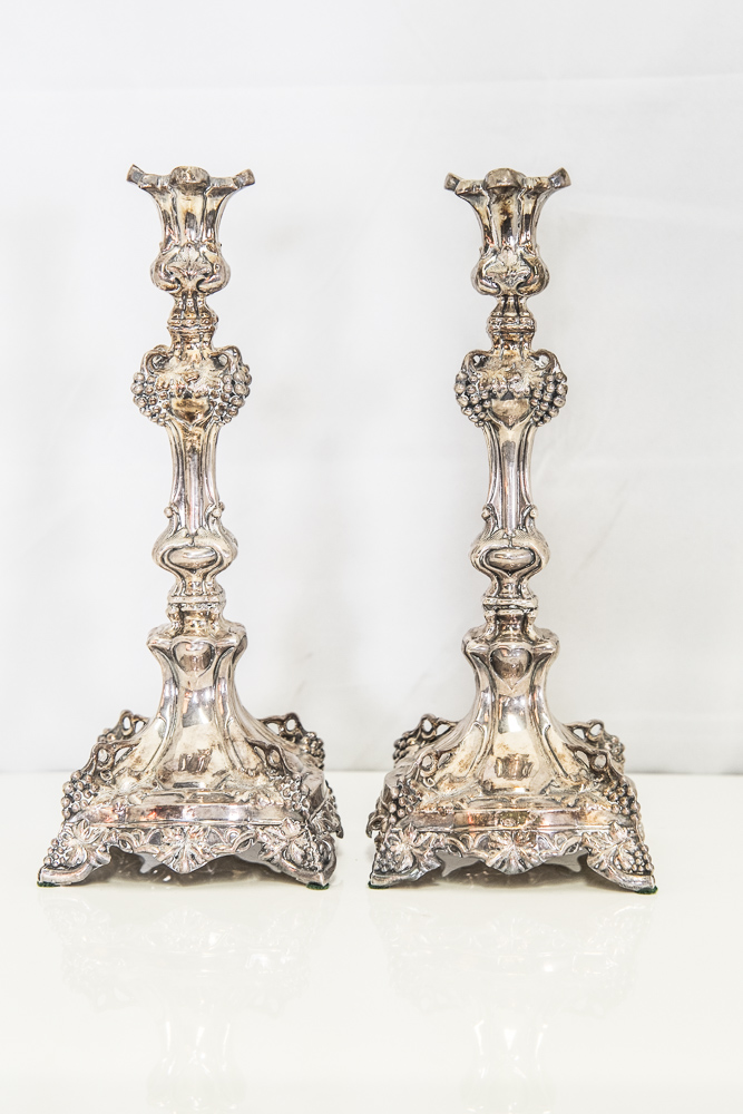 Pair Antique Polish Silver Plate Sabbath Candlesticks