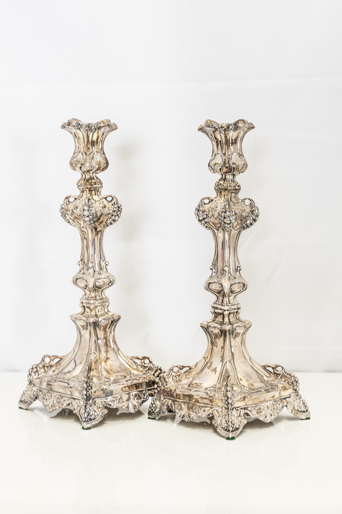 Pair Antique Polish Silver Plate Sabbath Candlesticks