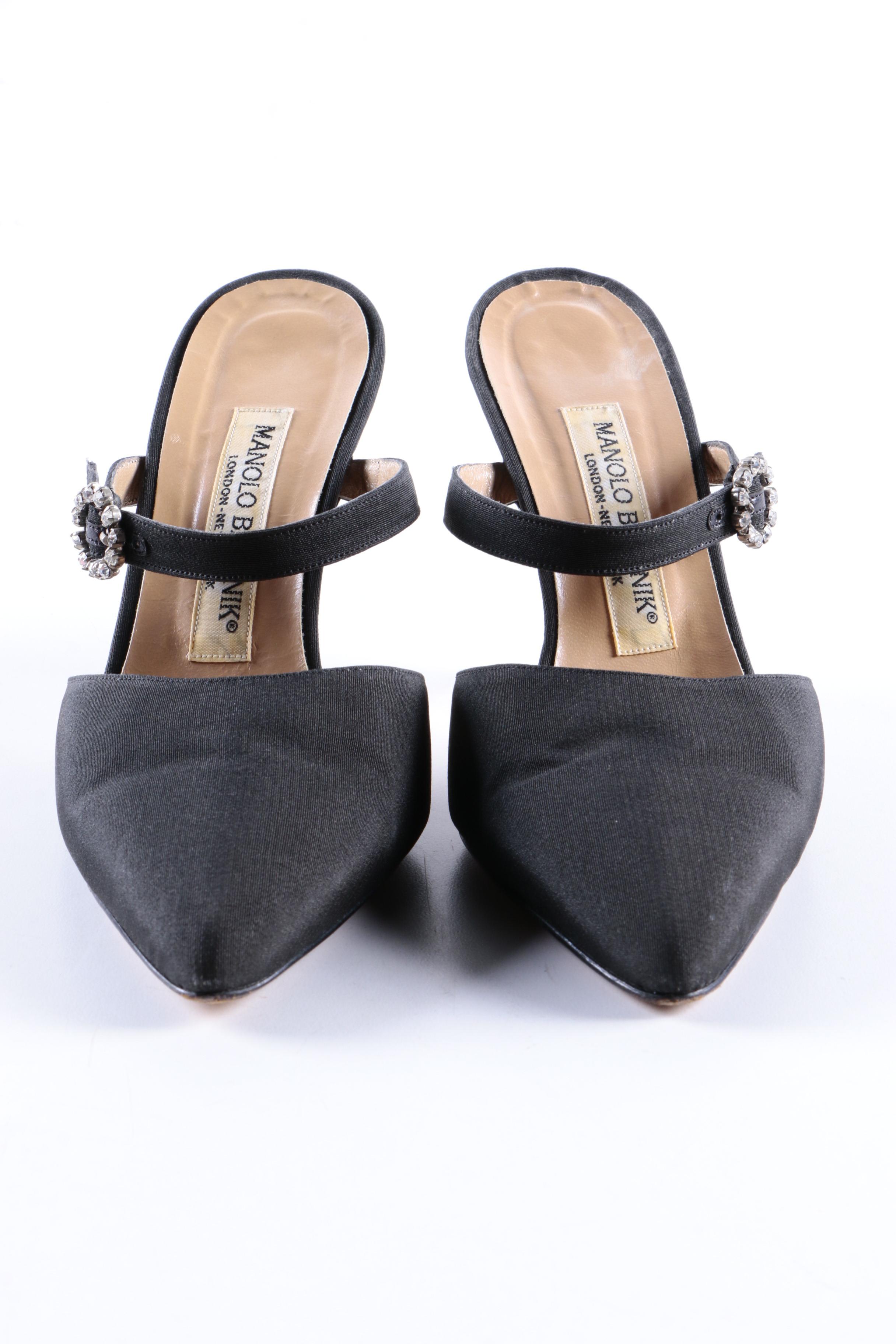 Manolo Blahnik Black Satin Mules