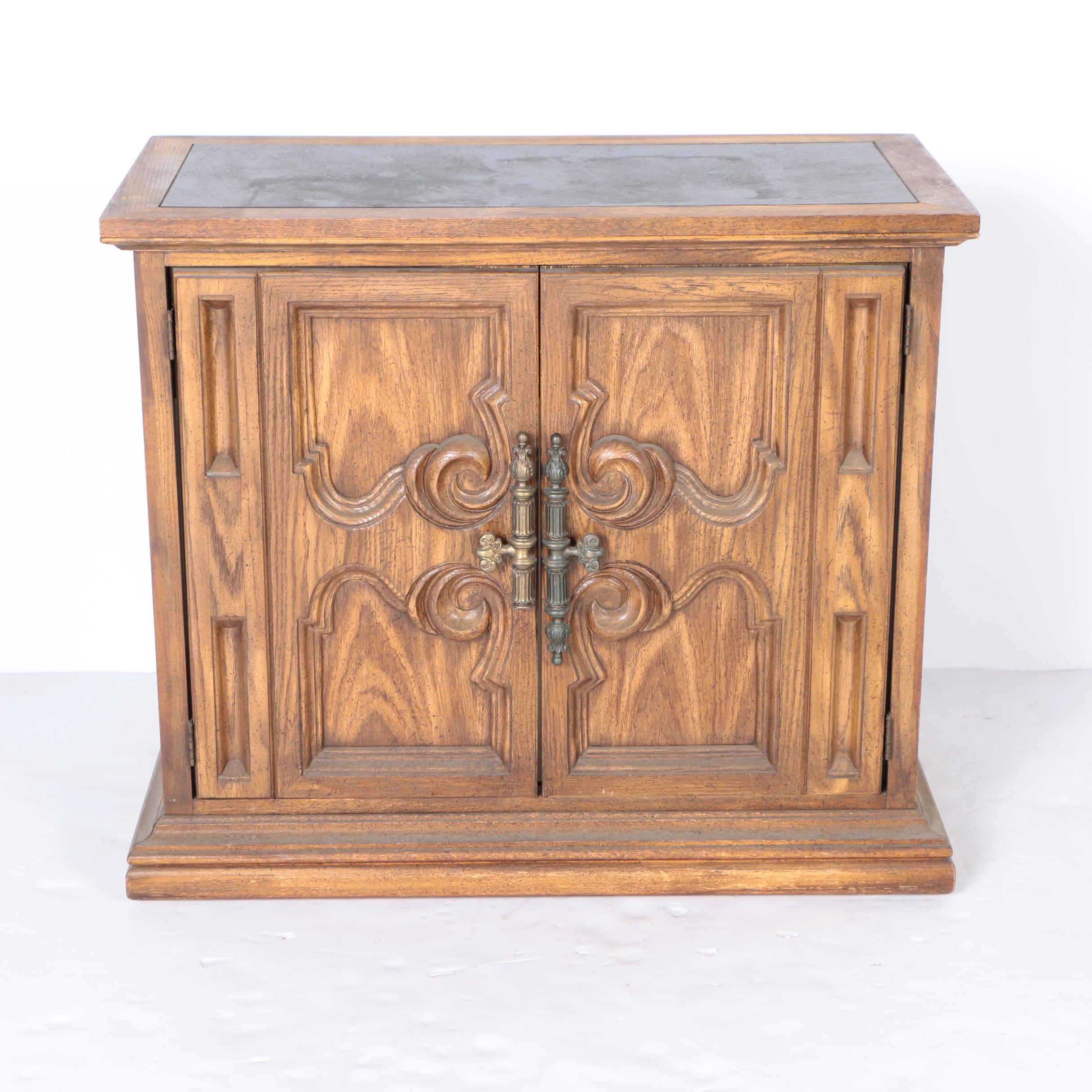 Oak Finish Cabinet With Laminate Slate Top