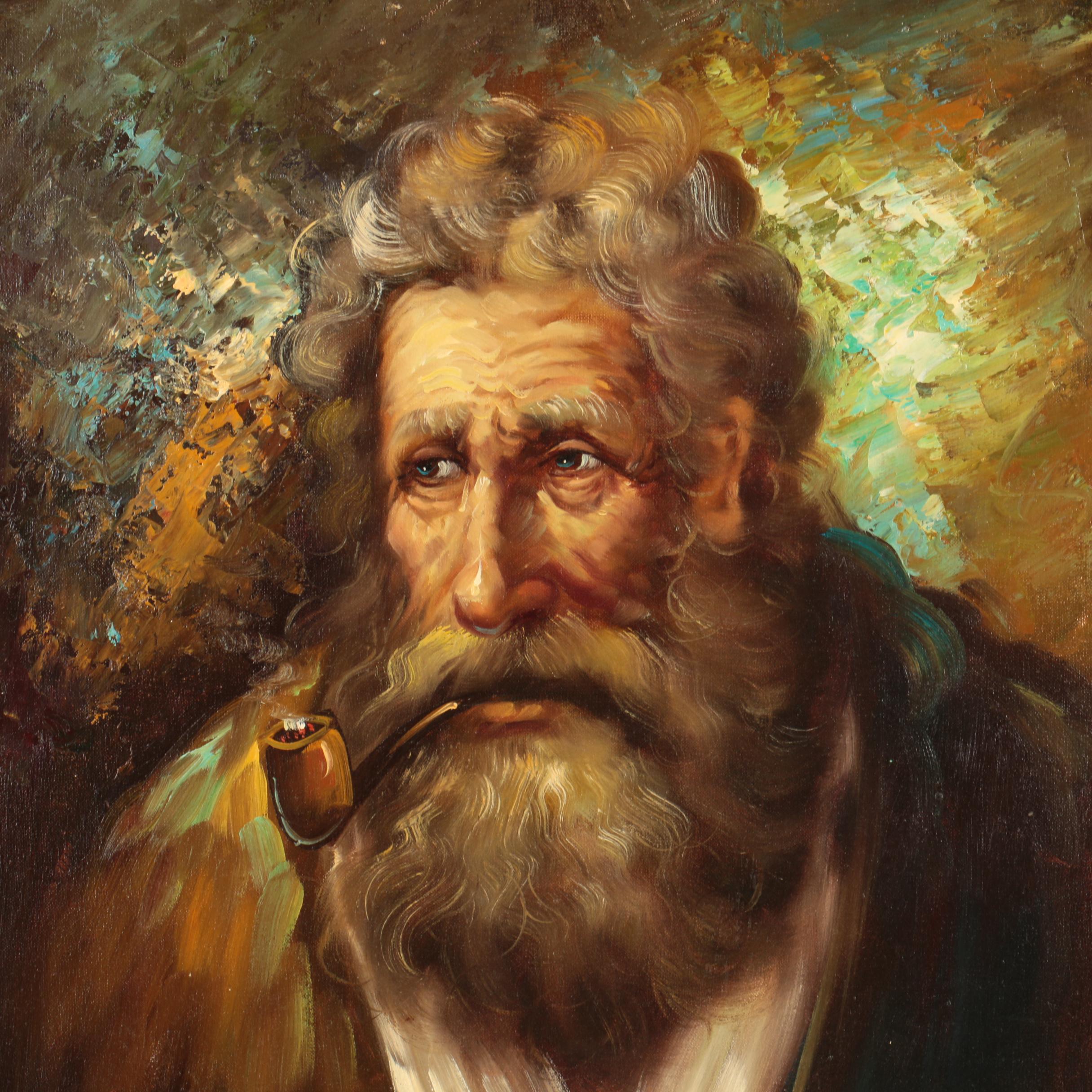 W. Dawson Oil Painting of Old Man Smoking Pipe