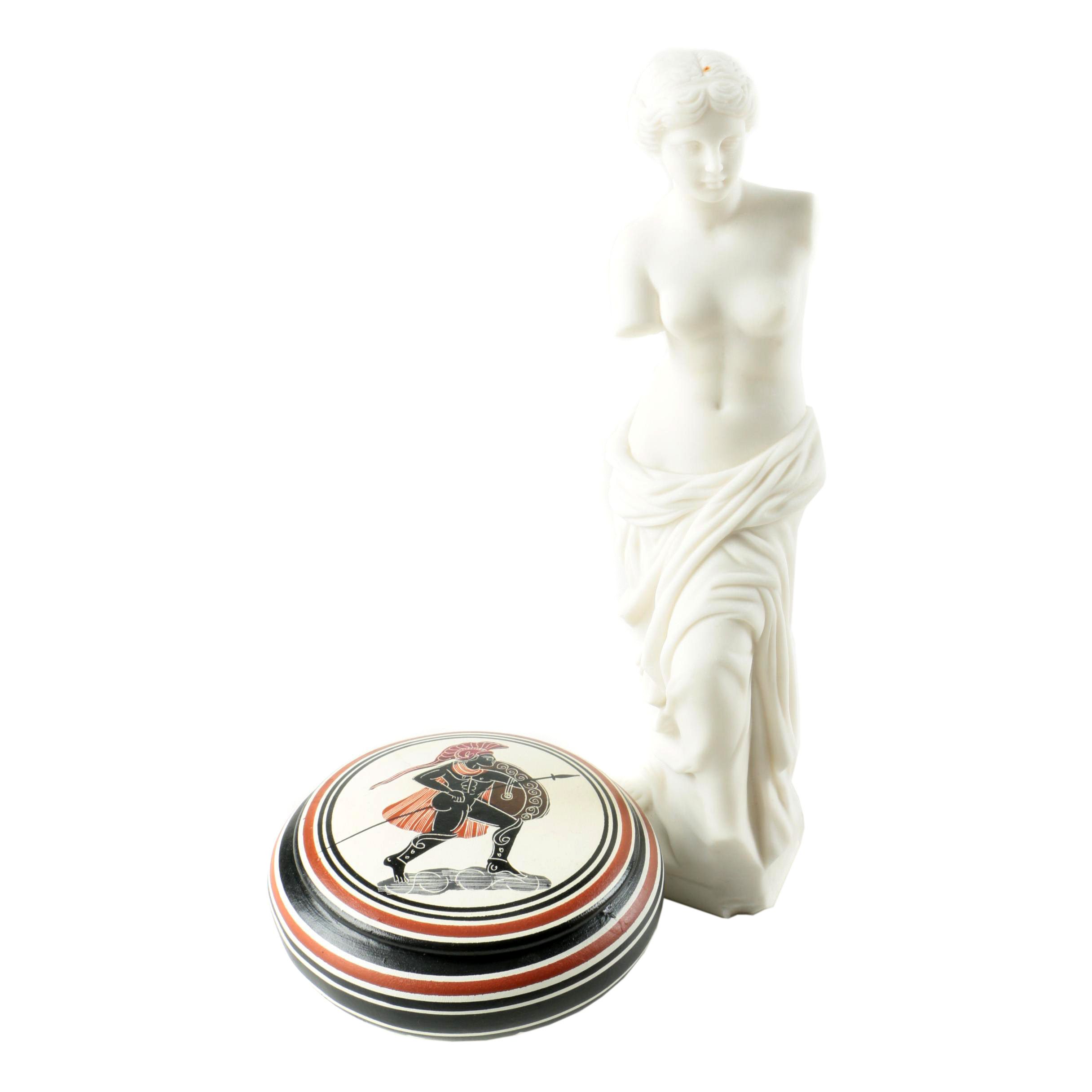Venus De Milo Reproduction Ceramic Figurine and Trojan Warrior Trinket Box