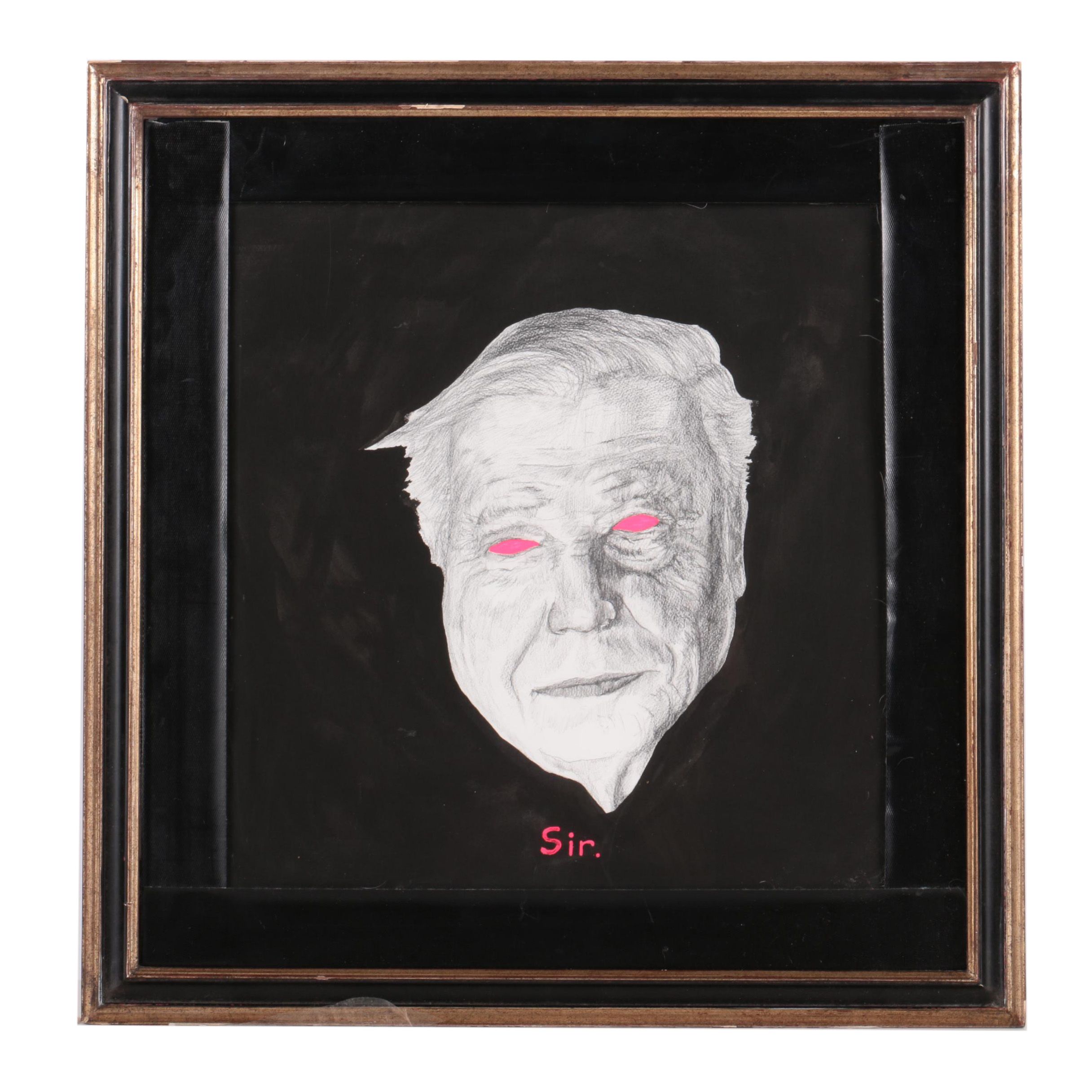 Brian Richard Hart Mixed Media Drawing of Sir David Attenborough "Sir."