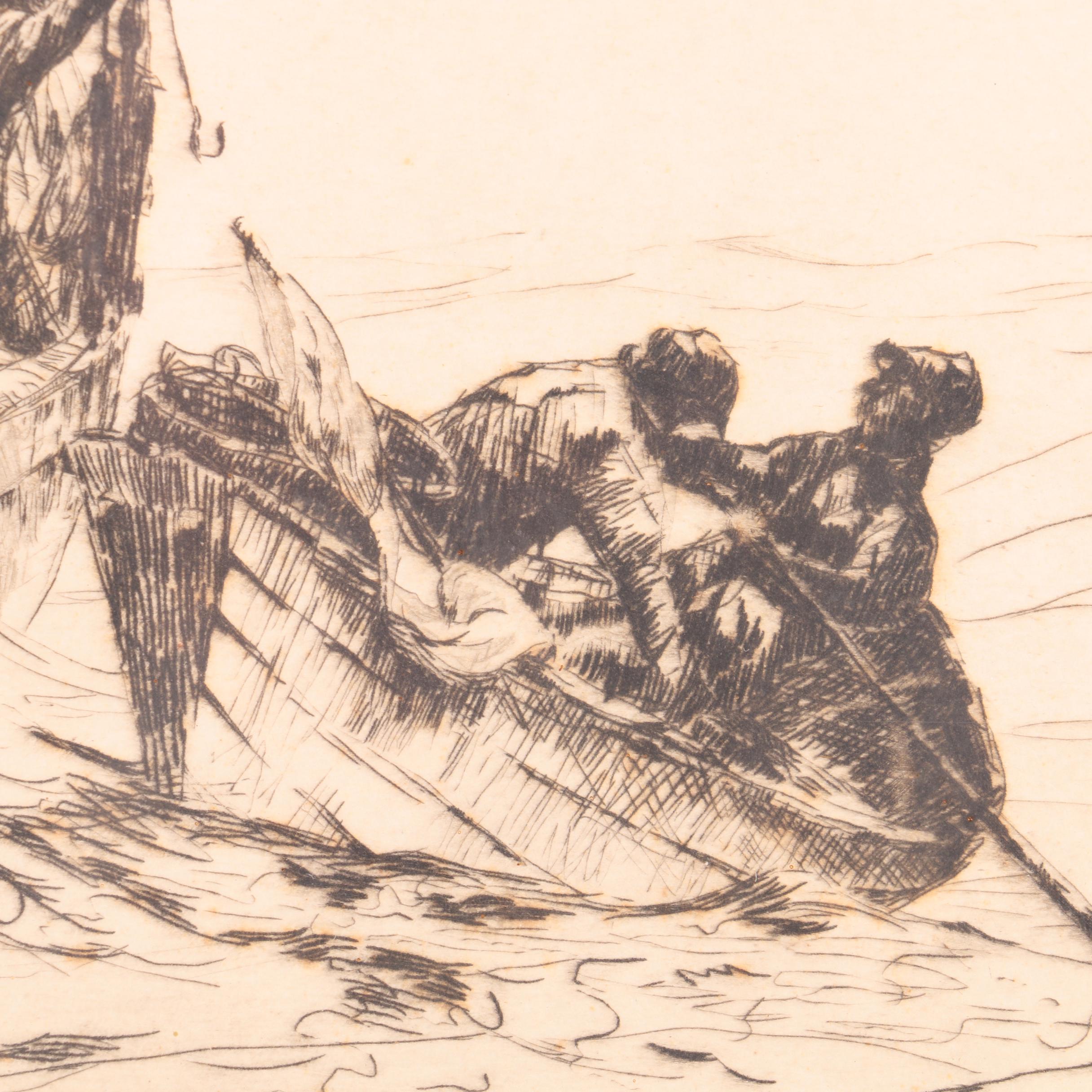 Signed Intaglio Print on Paper of Two Men in a Rowboat