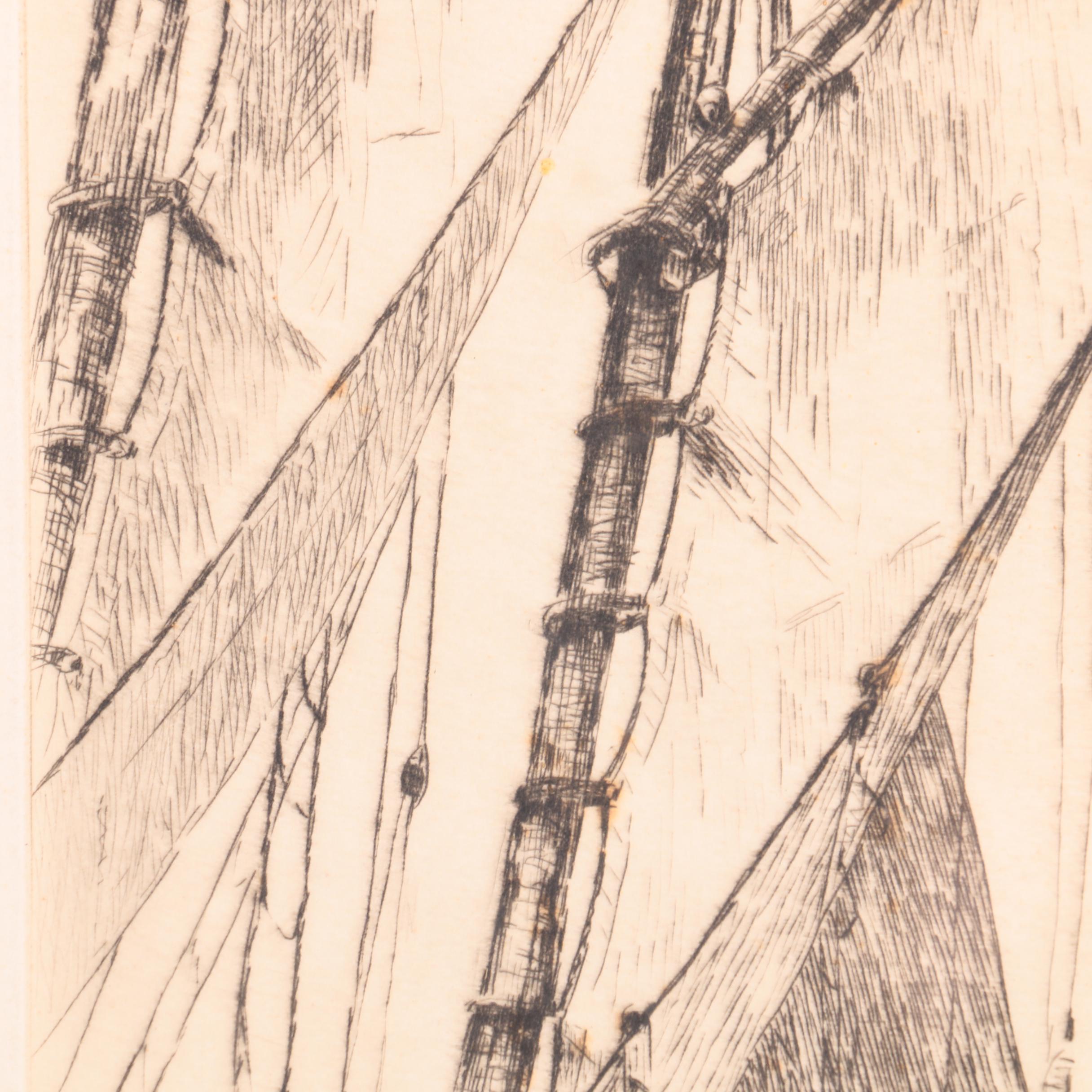Signed Intaglio Print on Paper of Two Men in a Rowboat
