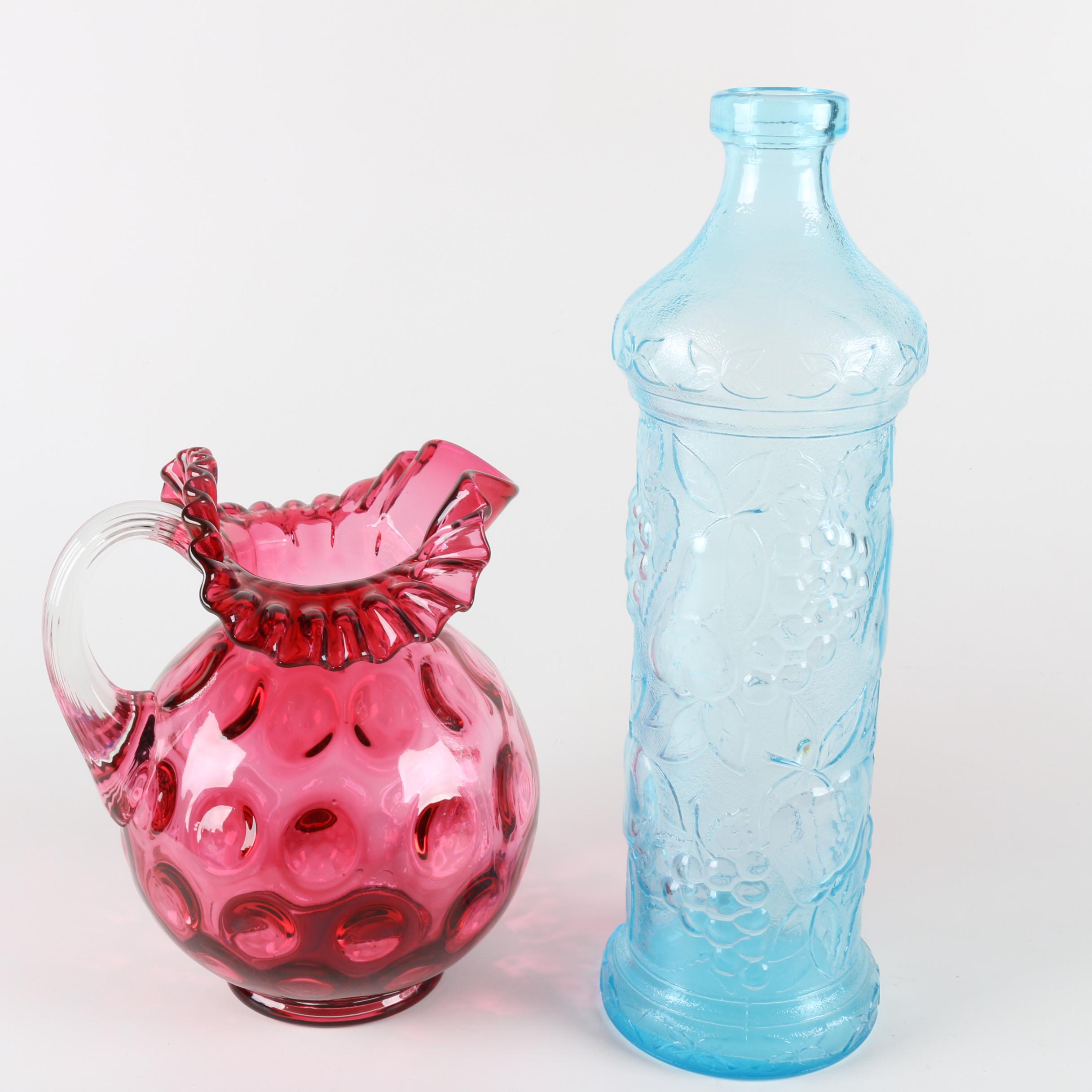 Fenton "Cranberry" Pitcher and Blue Bottle
