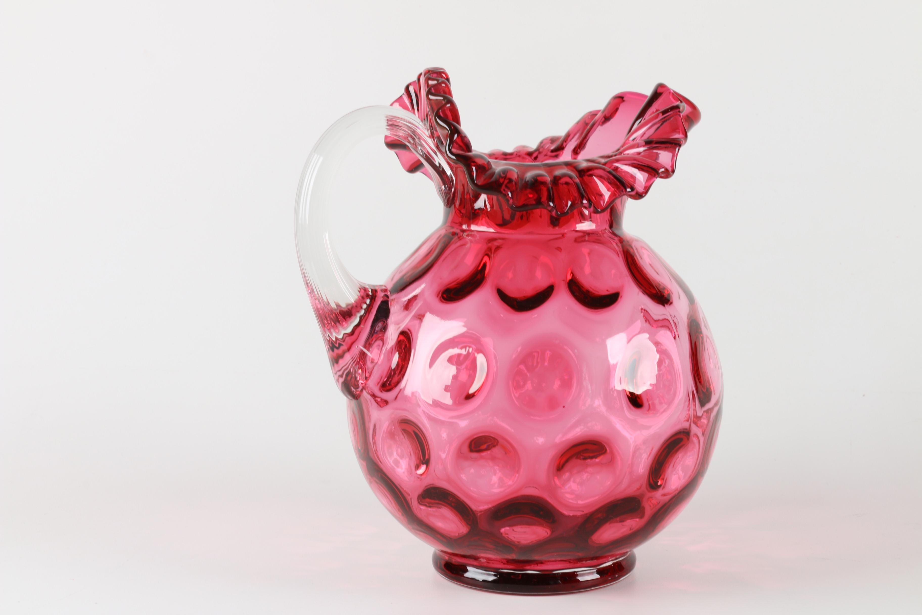 Fenton "Cranberry" Pitcher and Blue Bottle