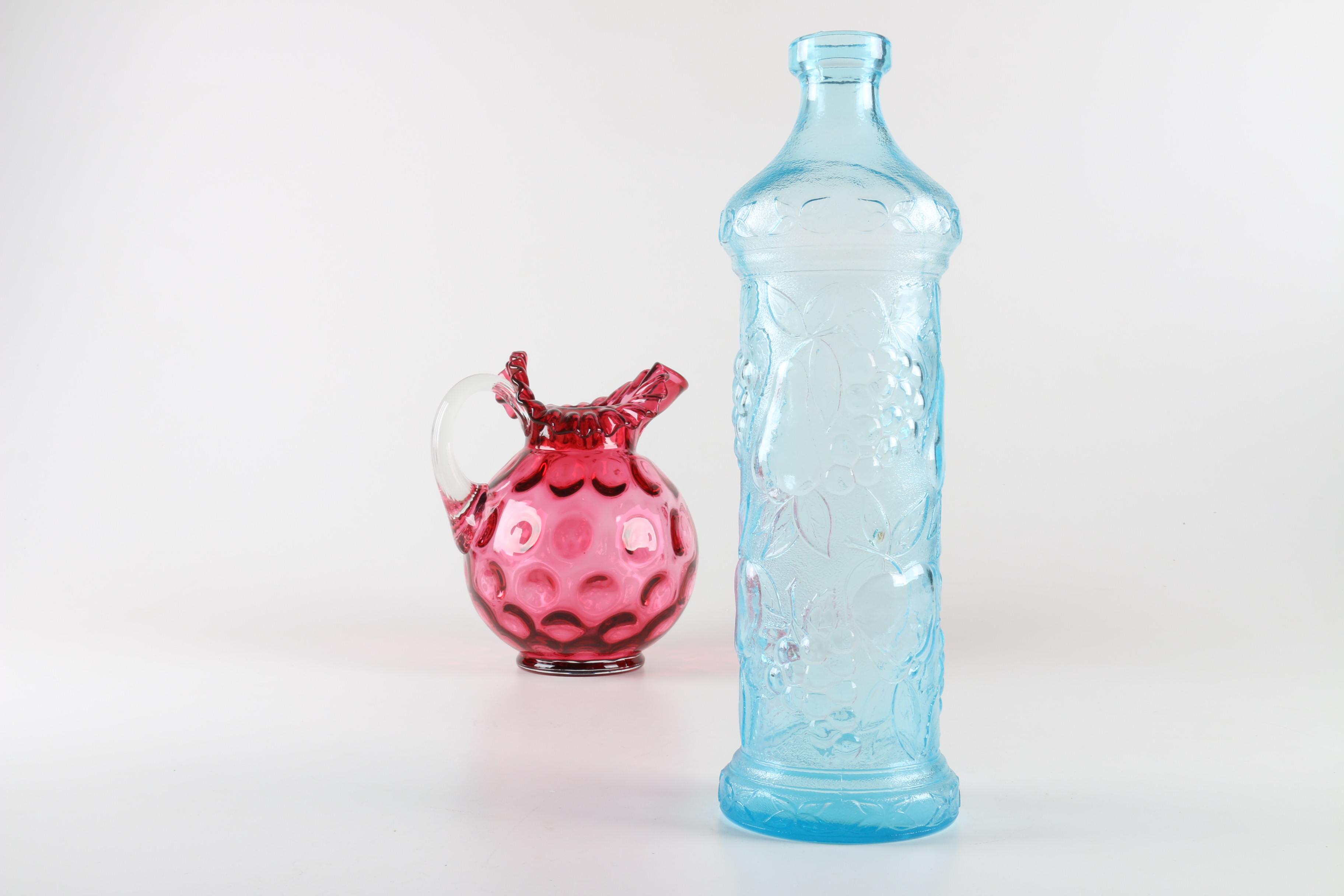 Fenton "Cranberry" Pitcher and Blue Bottle