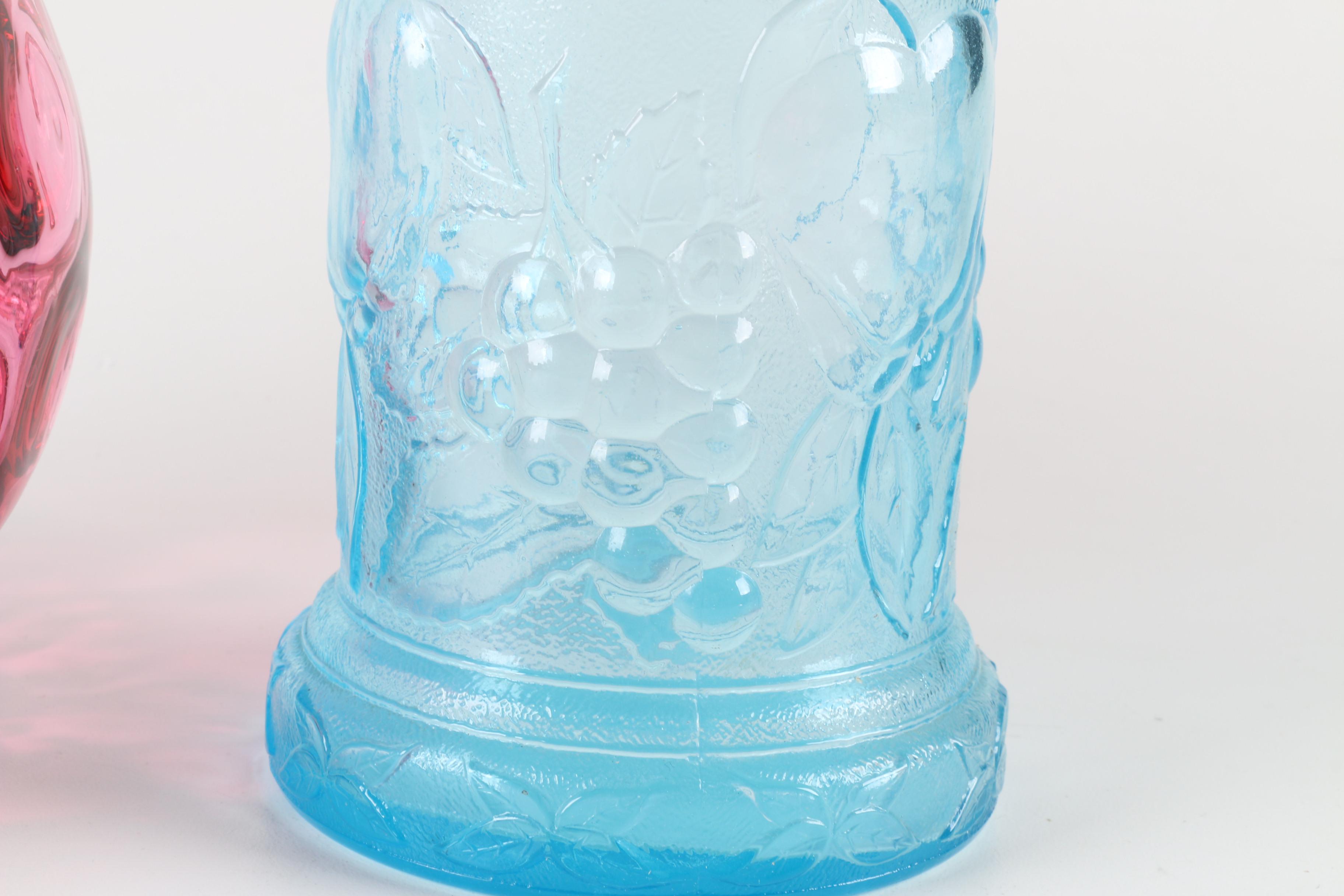 Fenton "Cranberry" Pitcher and Blue Bottle