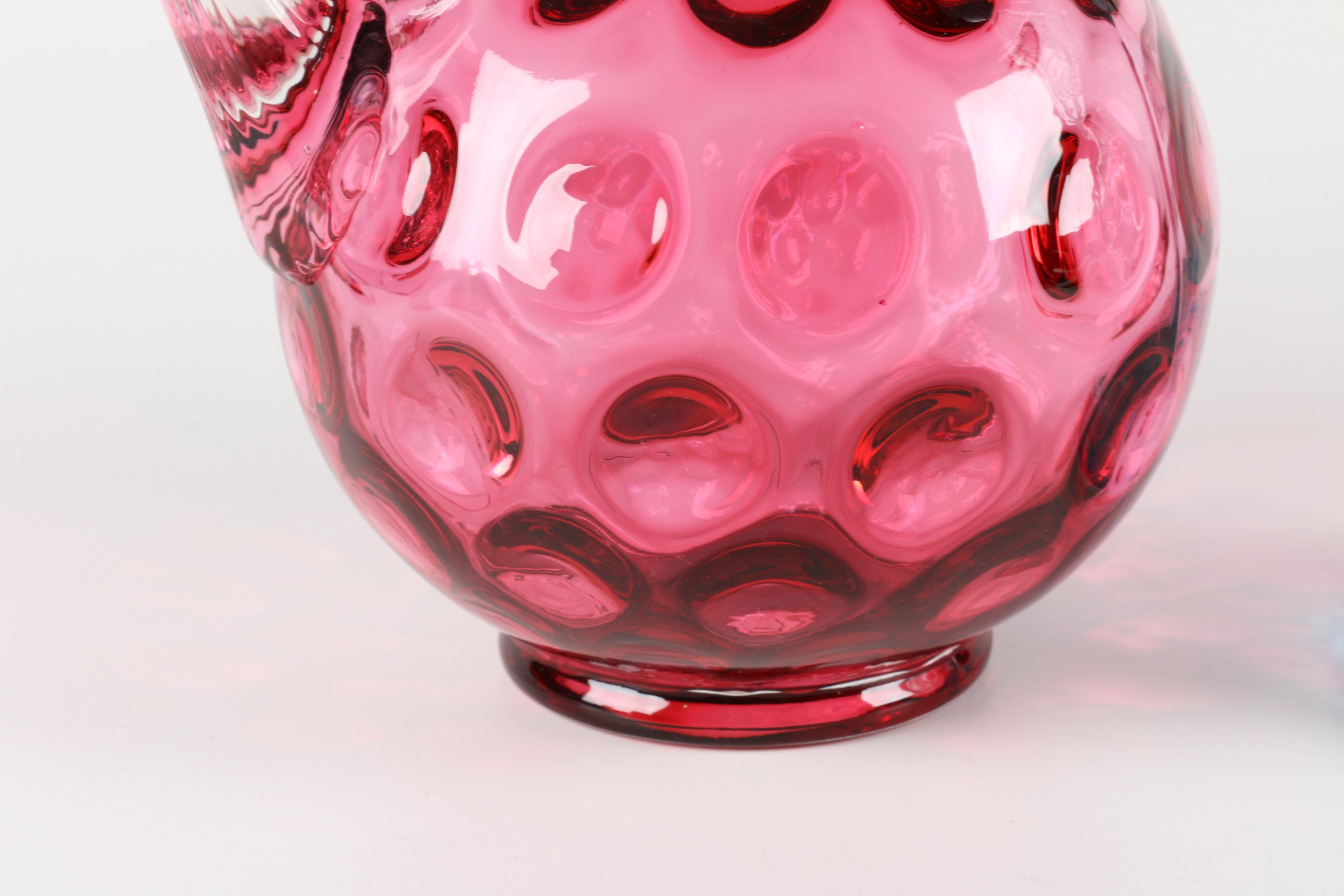 Fenton "Cranberry" Pitcher and Blue Bottle