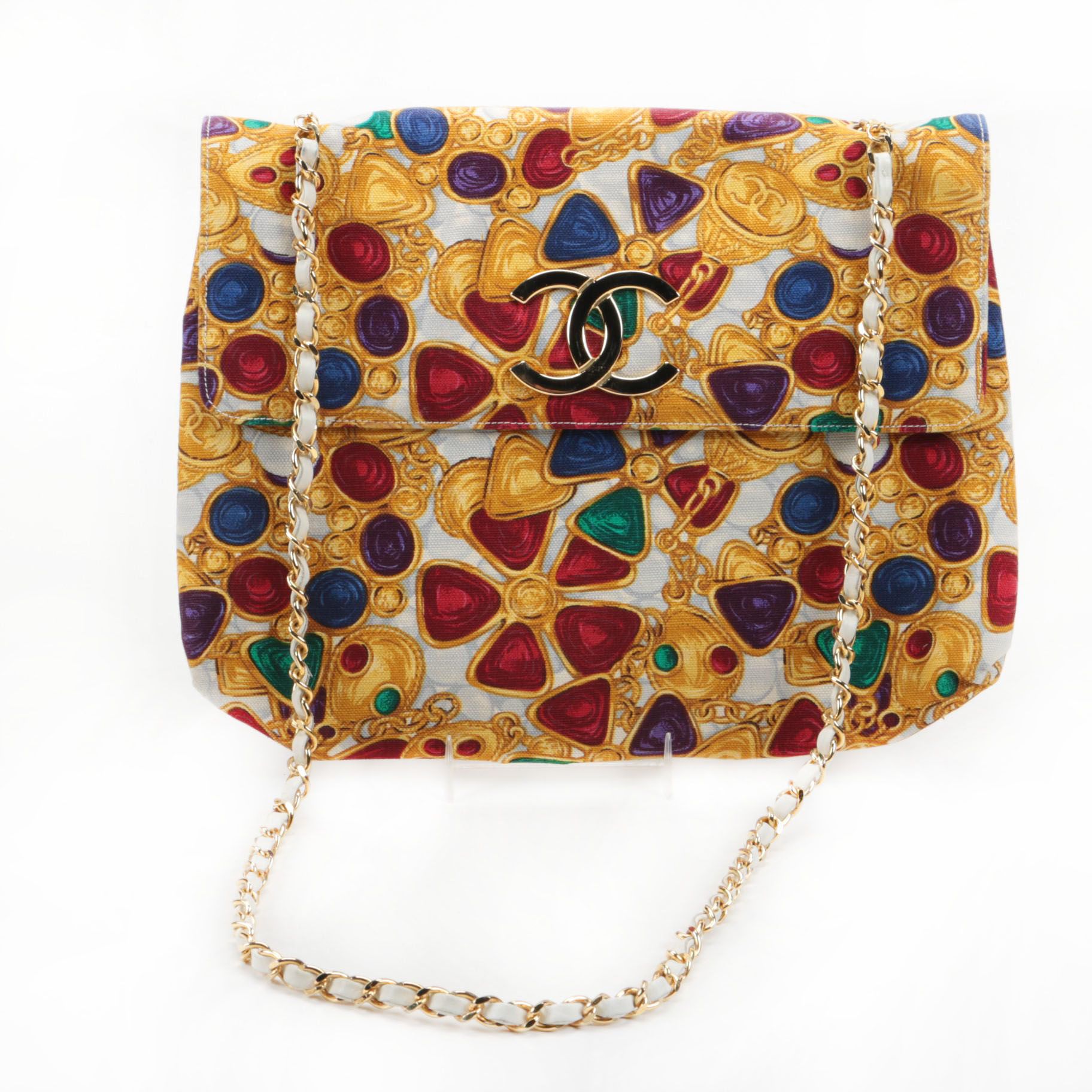 Vintage Circa 1980s Chanel Gripoix Jewelry Print Canvas Purse