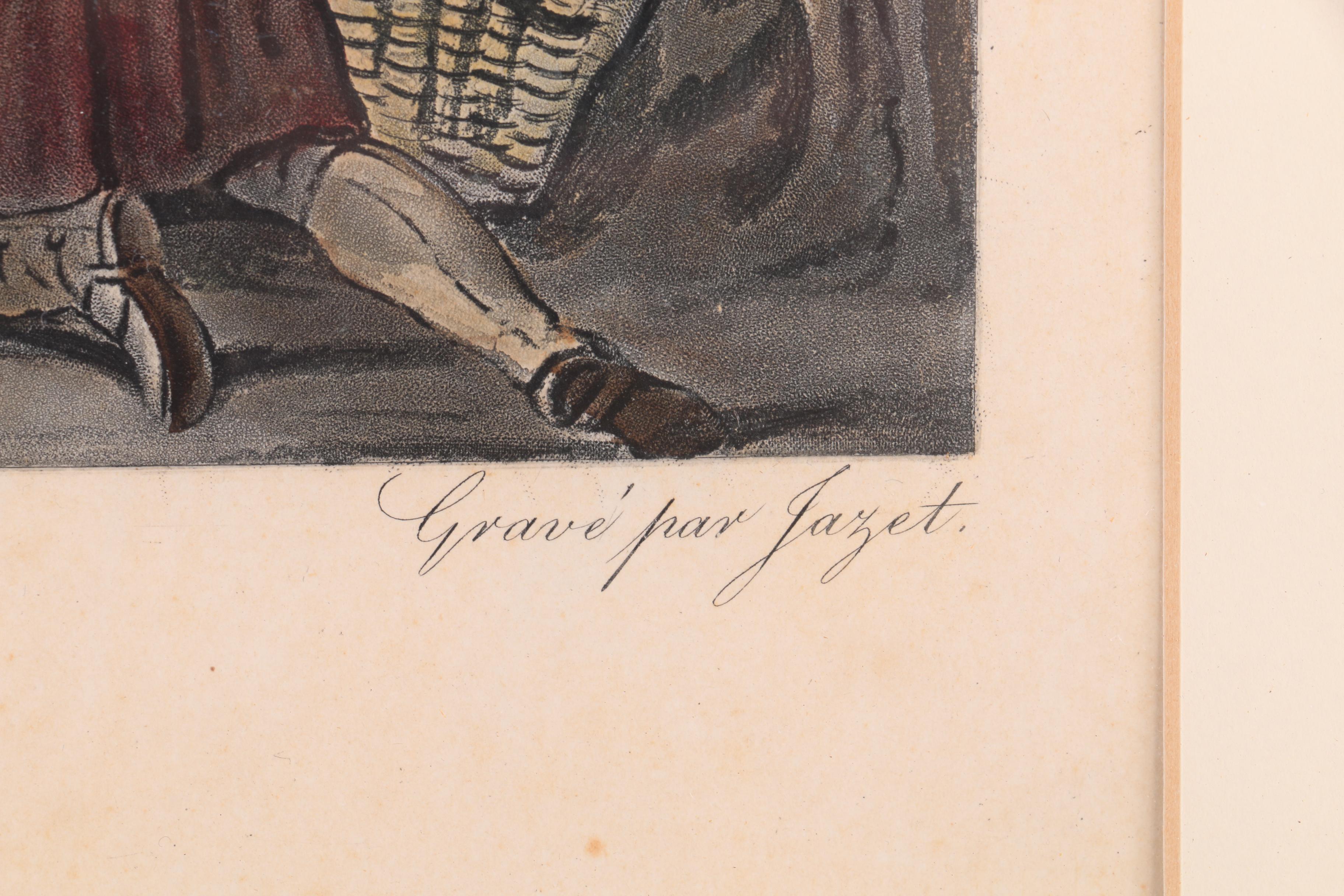 Hand-Colored Intaglio Print by Jazet After C. Vernet Painting "Le Départ"