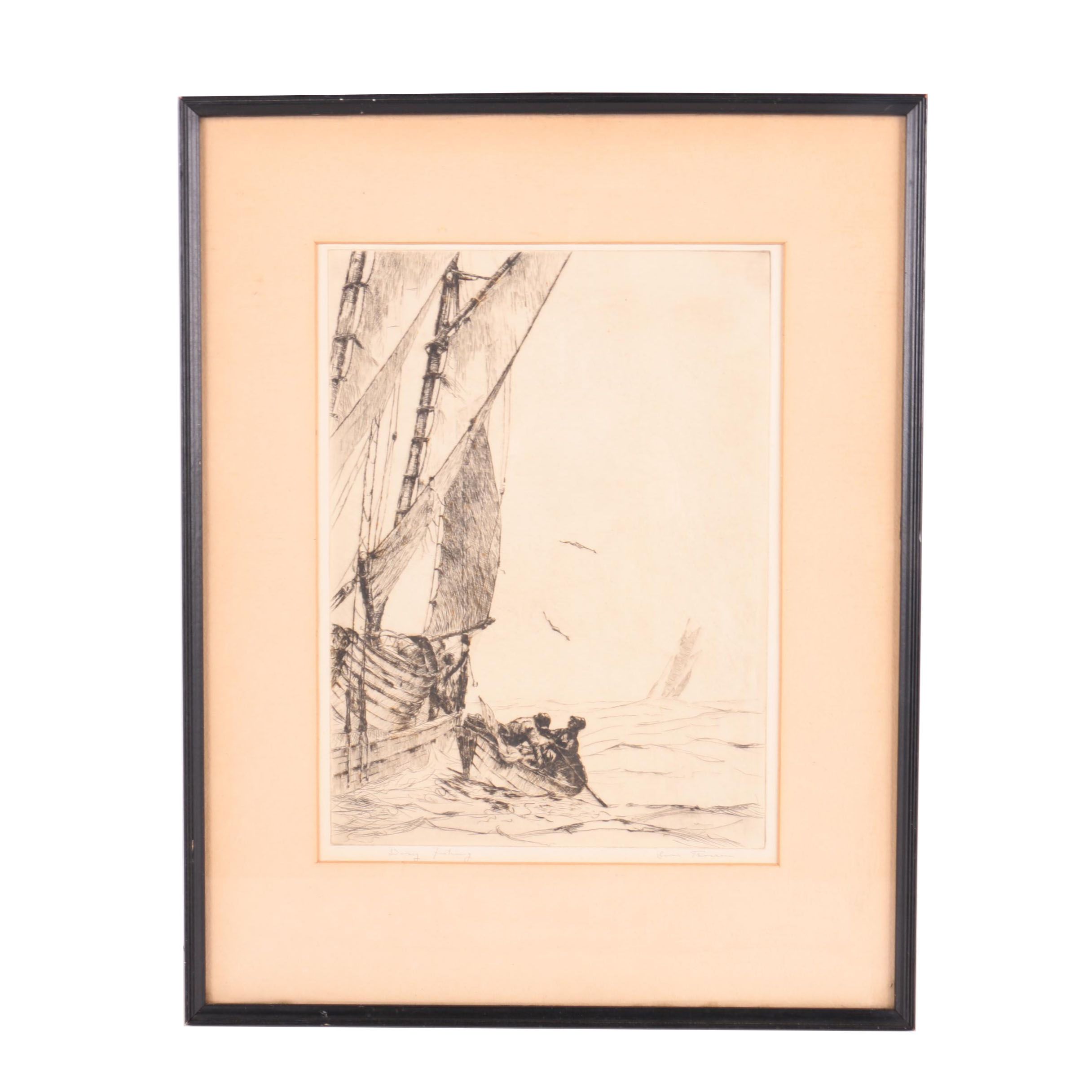 Signed Intaglio Print on Paper of Two Men in a Rowboat