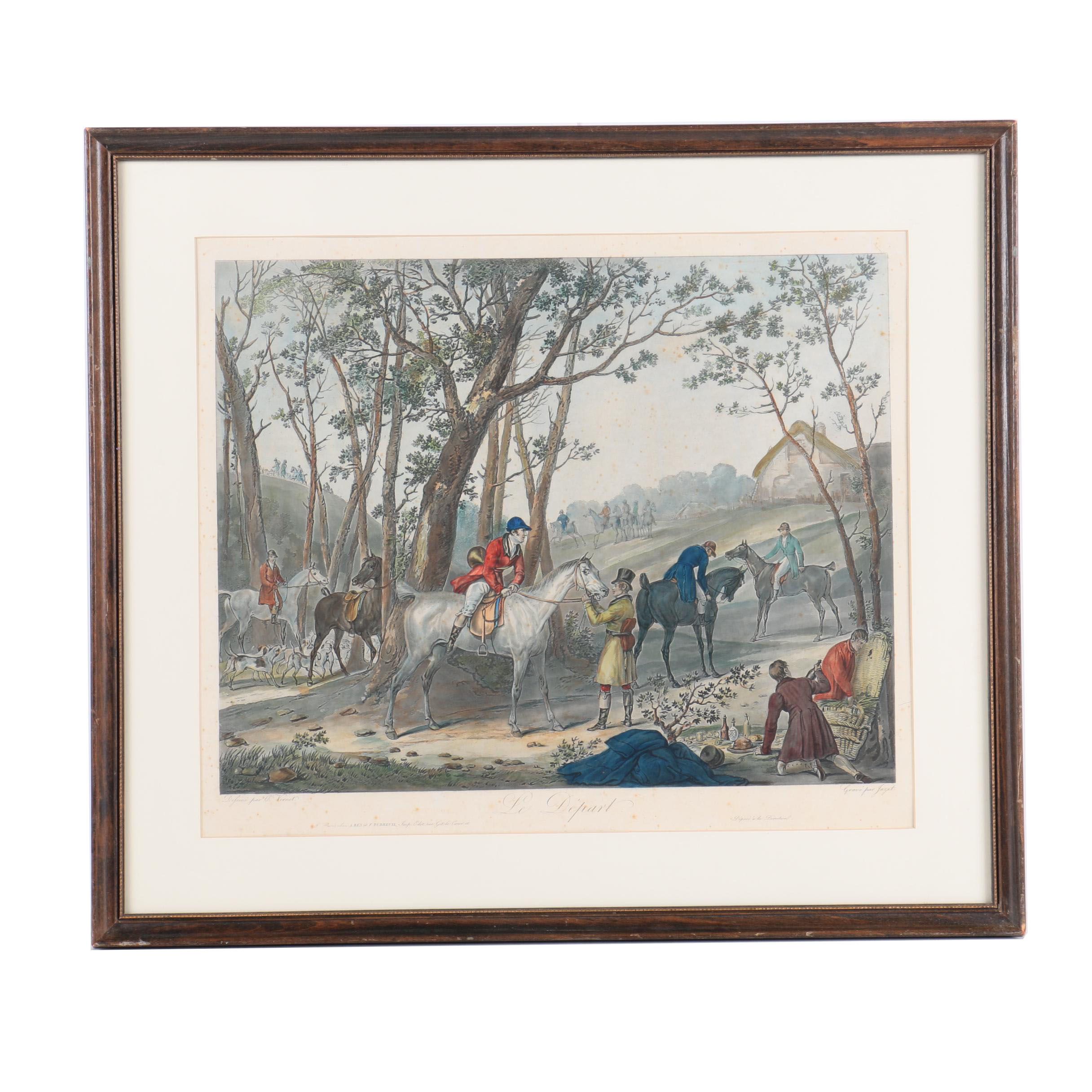Hand-Colored Intaglio Print by Jazet After C. Vernet Painting "Le Départ"