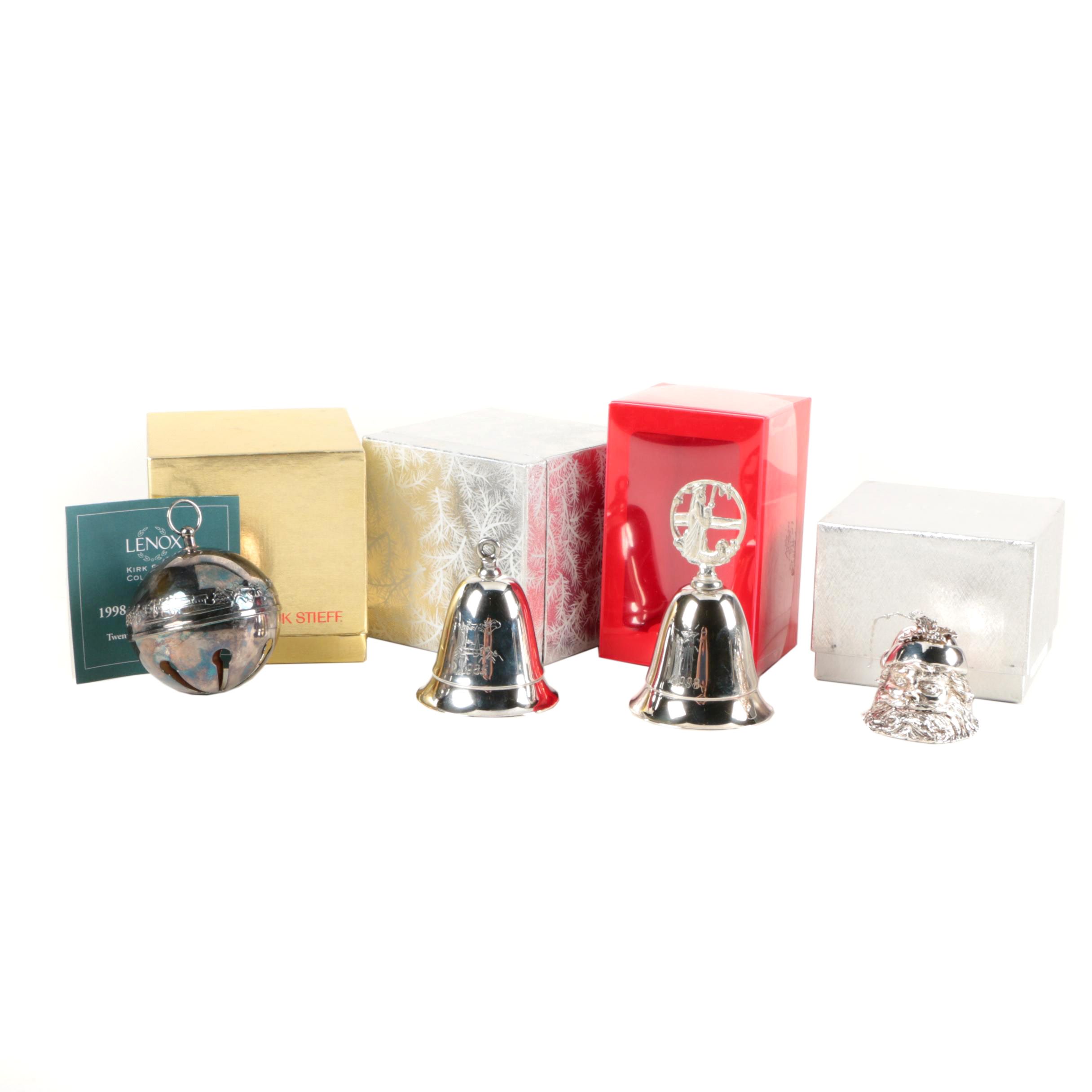 Assortment of Silver Plate and Pewter Bell Ornaments Featuring Lenox
