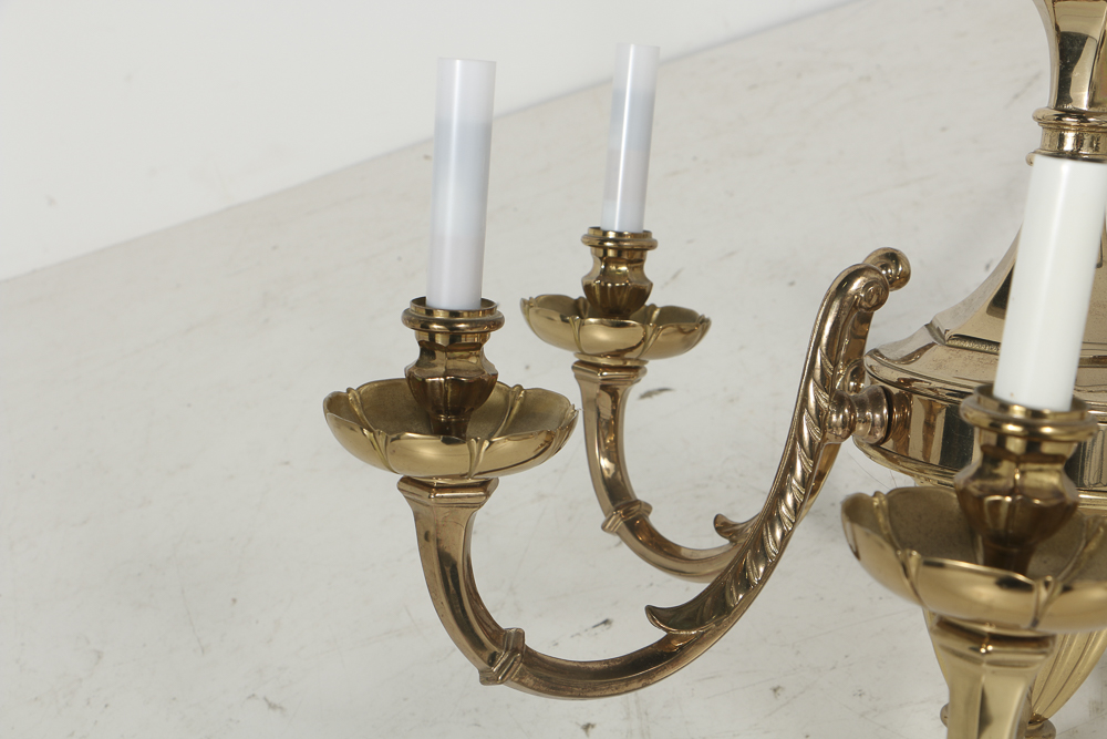 Brass Six Arm Chandelier with Two Sets of Shades