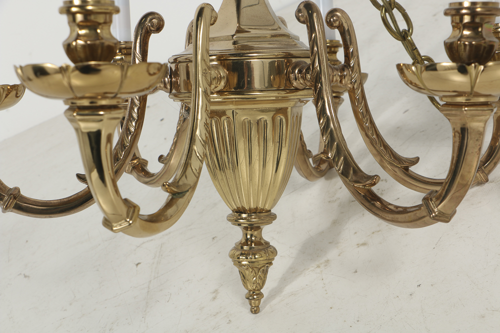 Brass Six Arm Chandelier with Two Sets of Shades