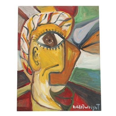 Robert Wright Oil Painting on Paper Folk Art Abstract Portrait Robert Wright Oil Painting on Paper Folk Art Abstract Portrait