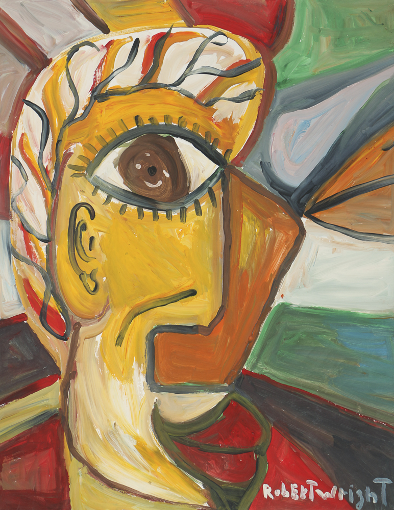 Robert Wright Oil Painting on Paper Folk Art Abstract Portrait