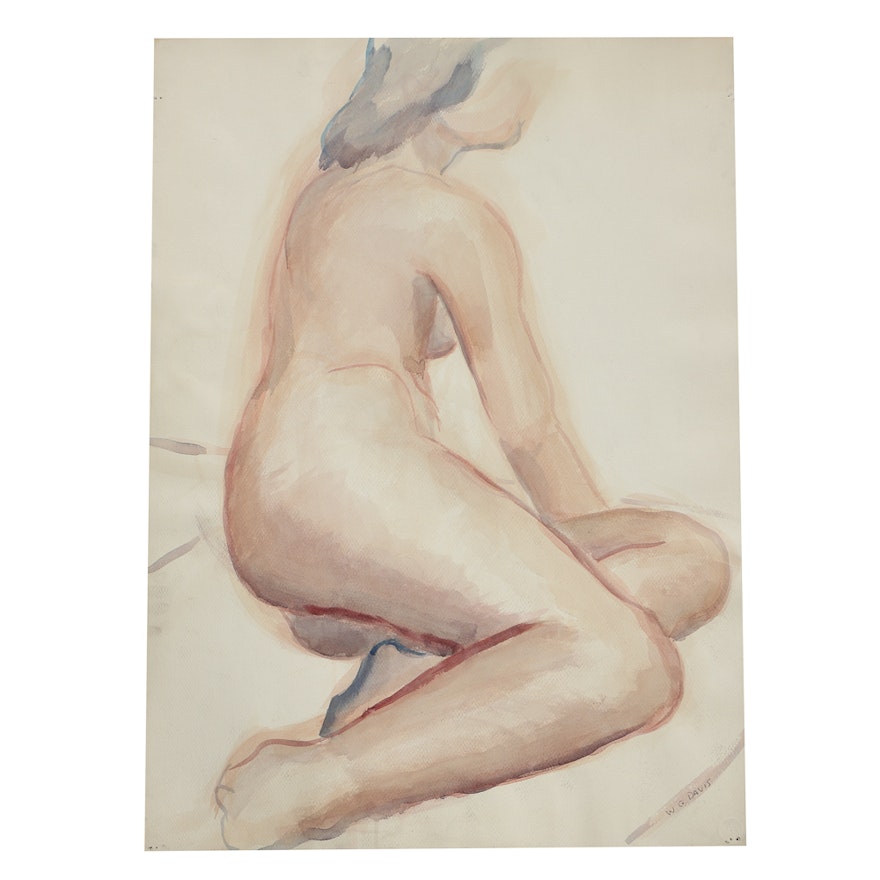 W. Glen Davis Double Sided Watercolor Painting on Paper of Female Nudes