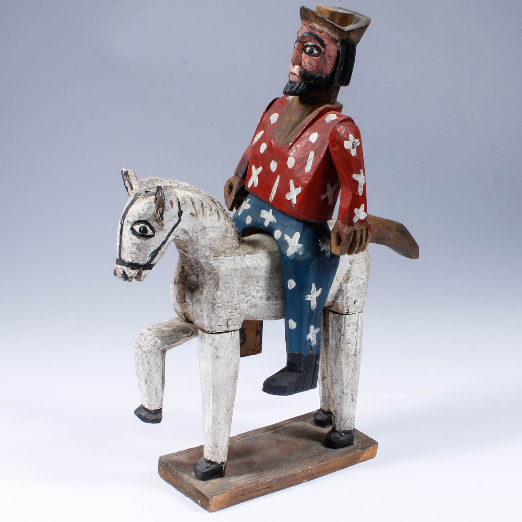 Hand-Carved Wood Horse and Rider Sculpture