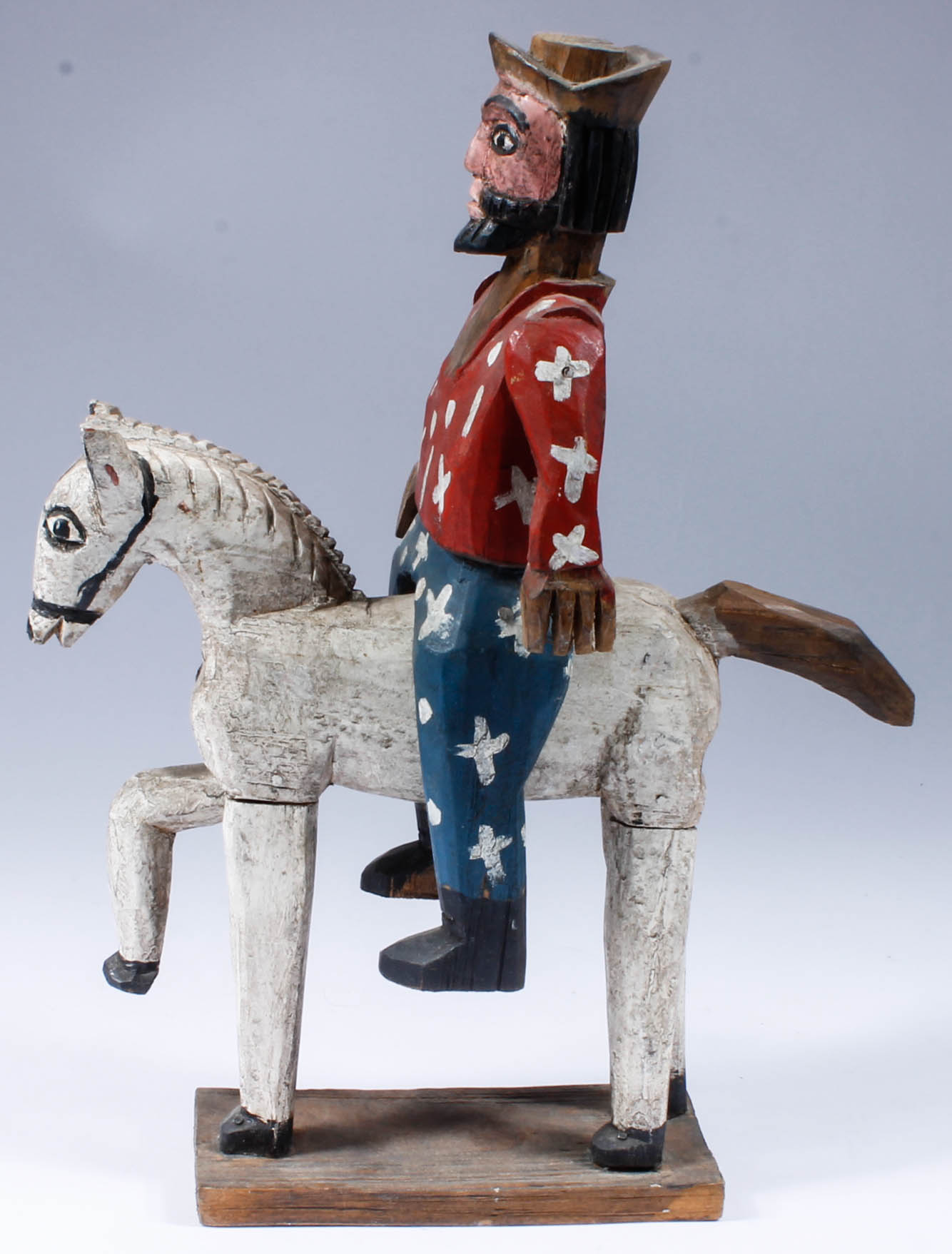 Hand-Carved Wood Horse and Rider Sculpture