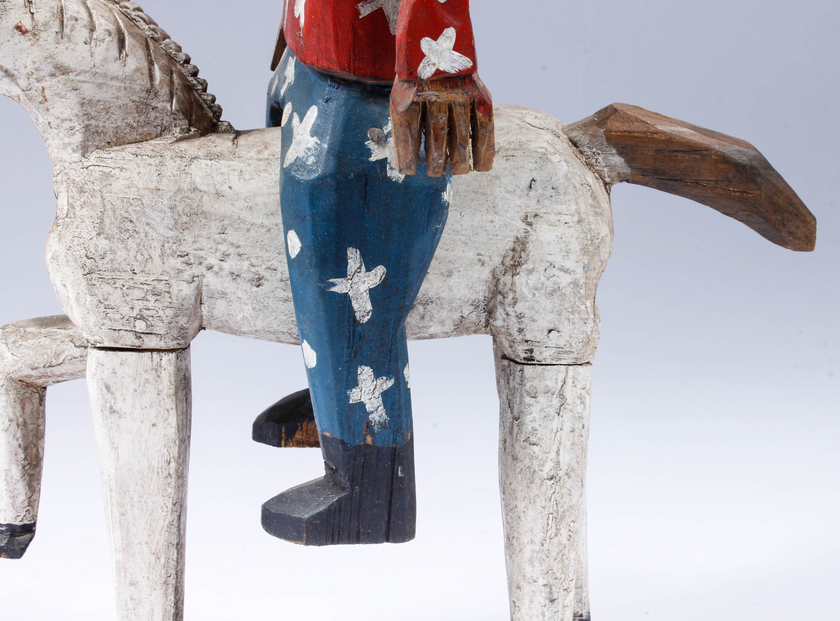 Hand-Carved Wood Horse and Rider Sculpture