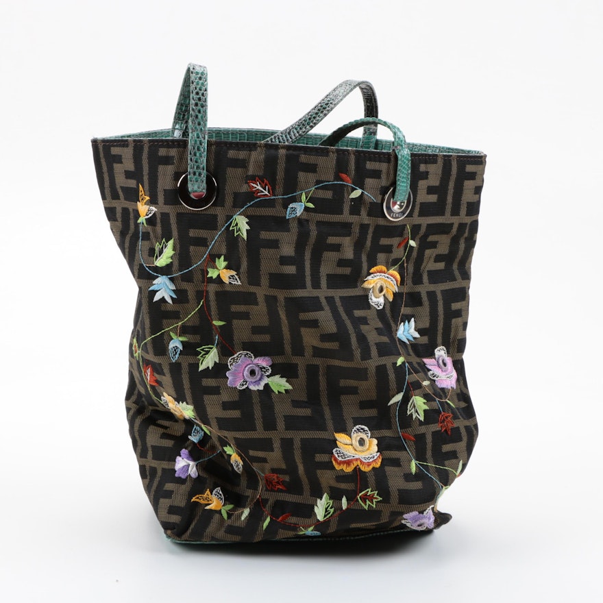 Fendi Zucca Canvas Tote with Floral Embroidery
