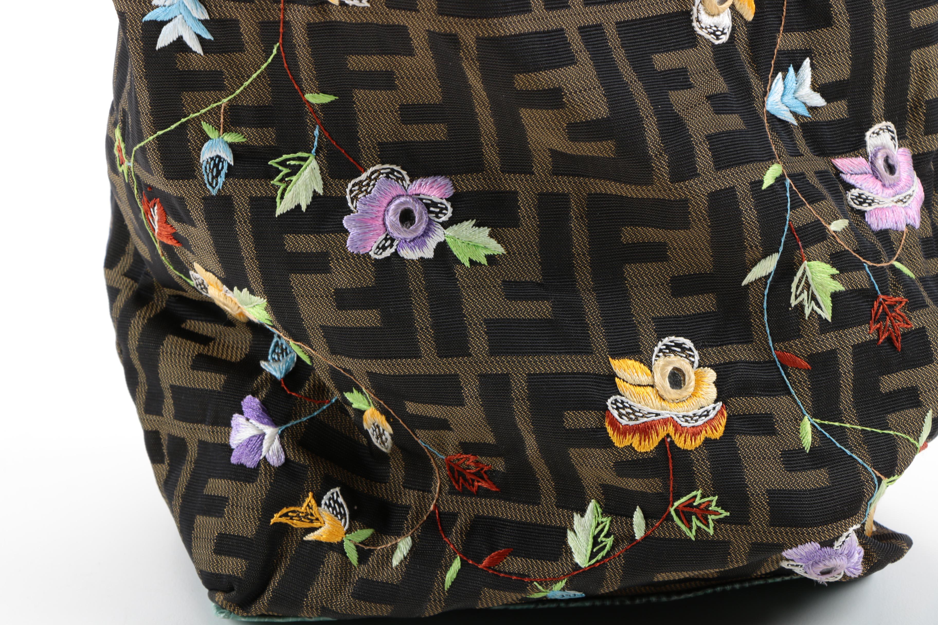 Fendi Zucca Canvas Tote with Floral Embroidery