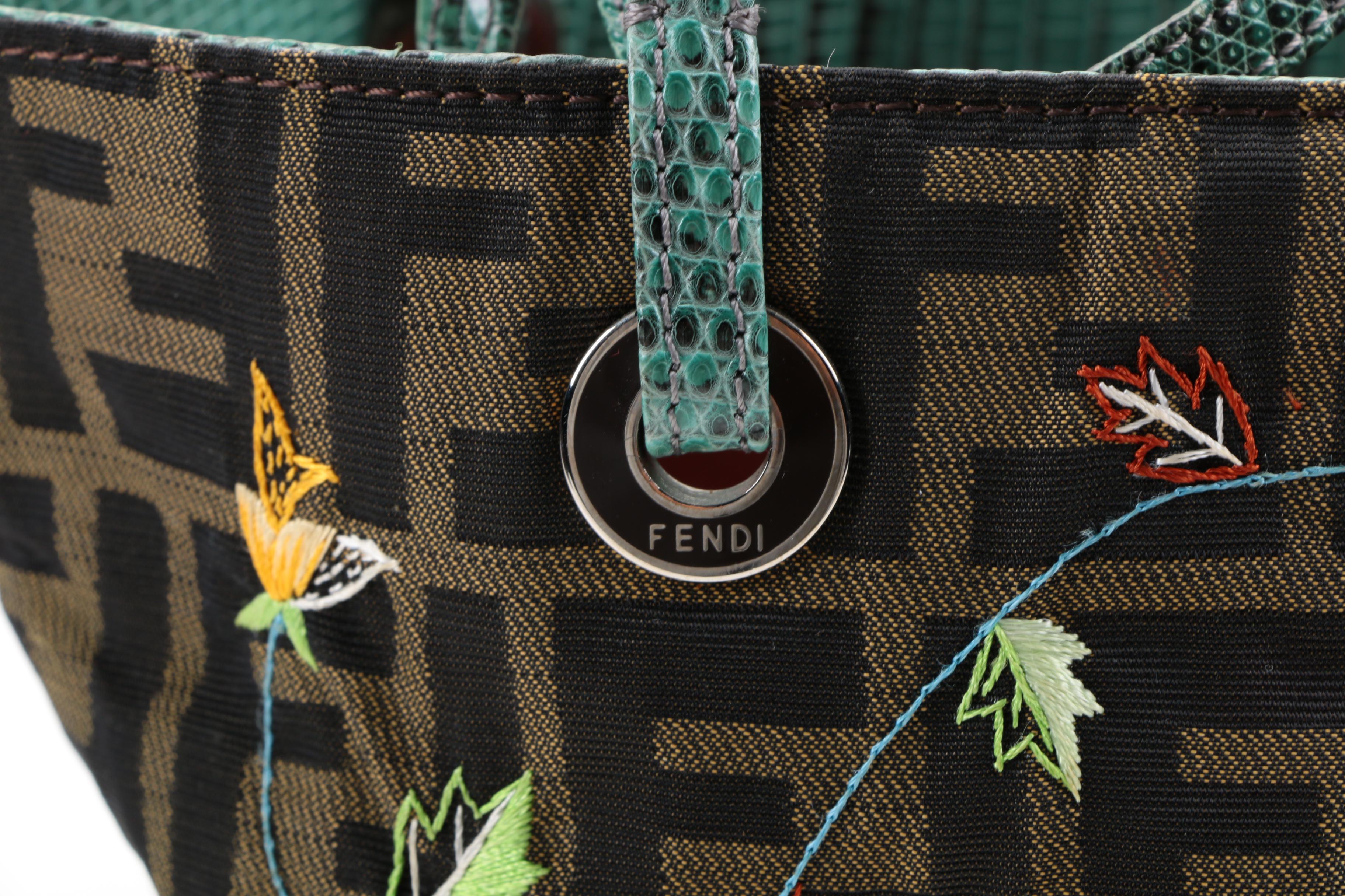 Fendi Zucca Canvas Tote with Floral Embroidery