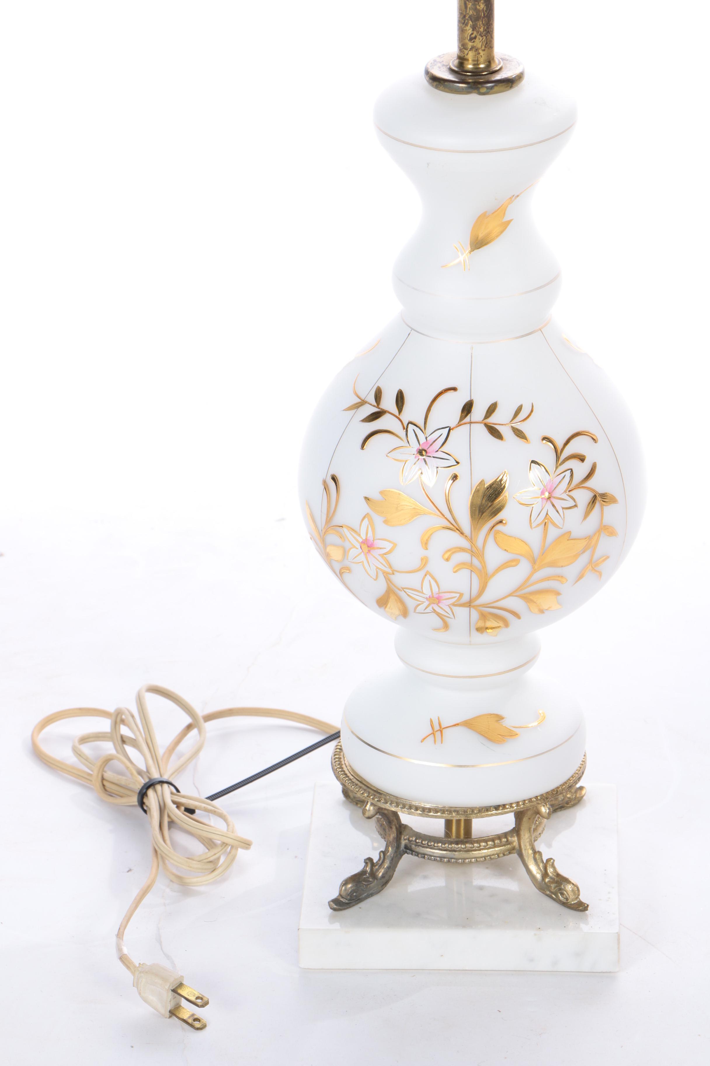 Bavarian Bristol Hand Blown Glass and Gilded Table Lamp