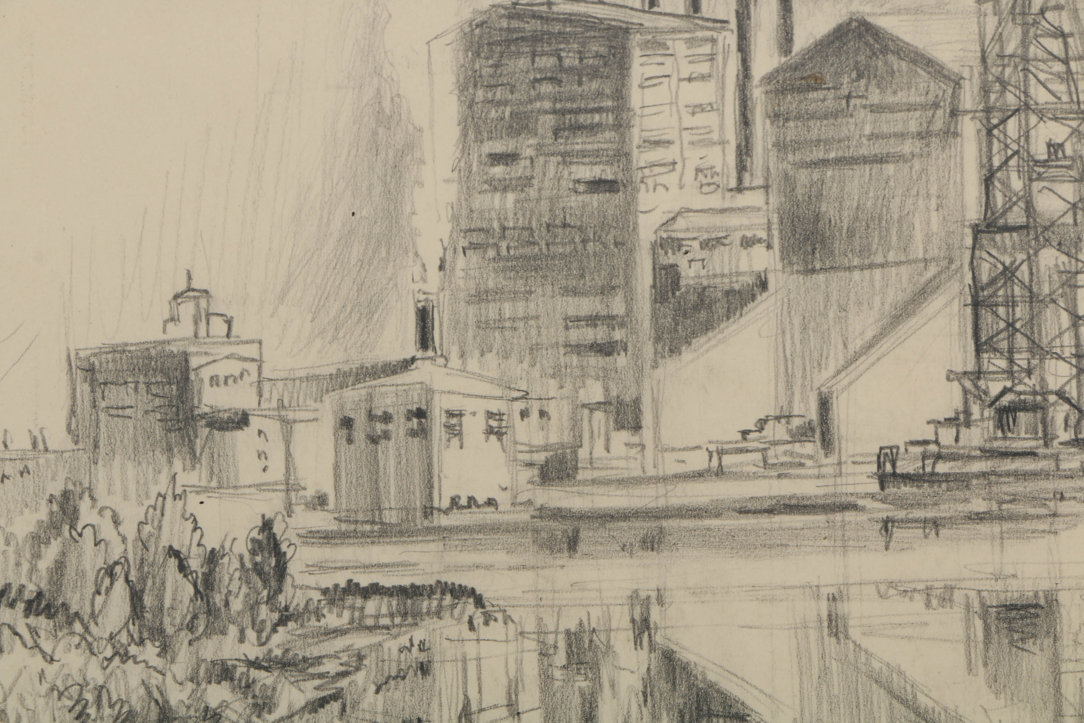 Stanley Bielecky Graphite Drawing on Paper Industrial Cityscape