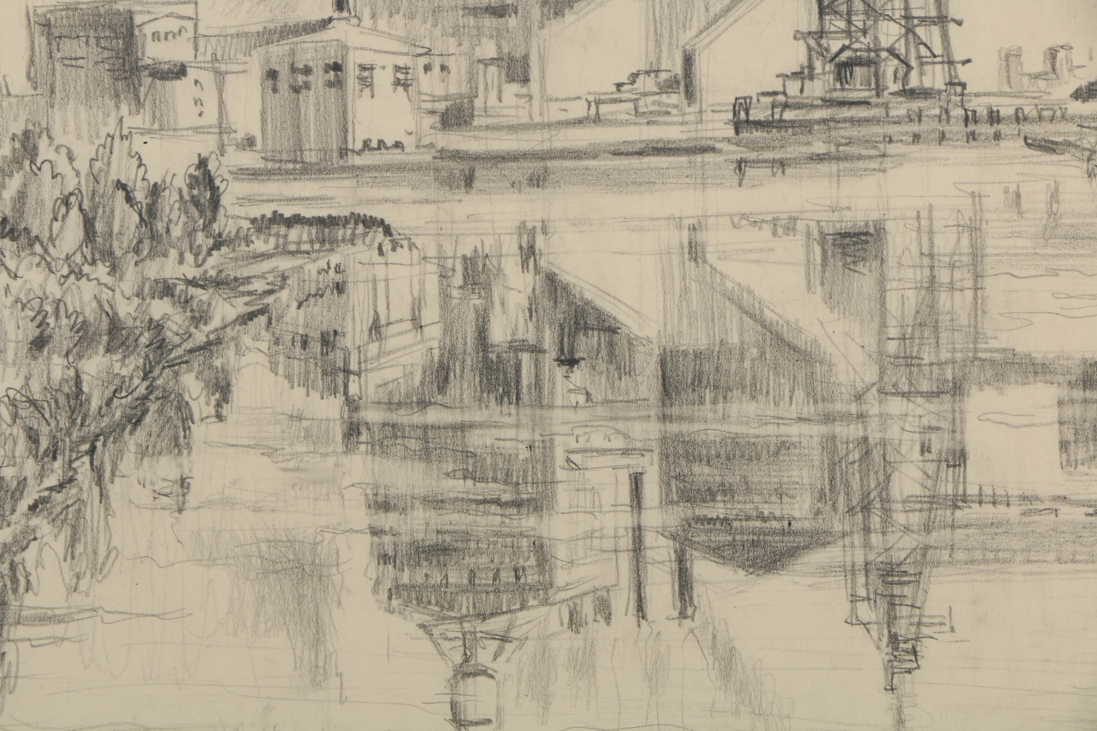 Stanley Bielecky Graphite Drawing on Paper Industrial Cityscape