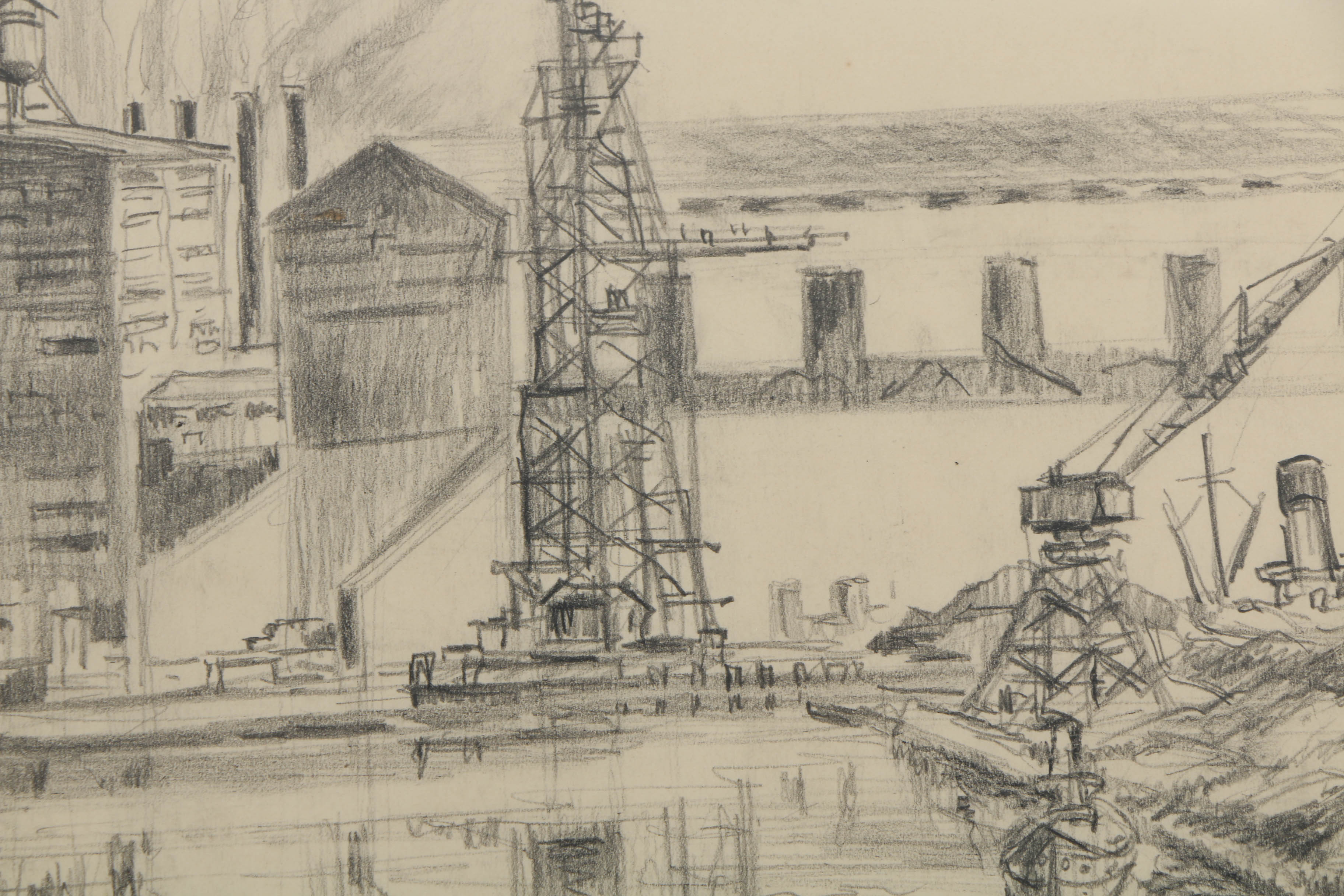 Stanley Bielecky Graphite Drawing on Paper Industrial Cityscape