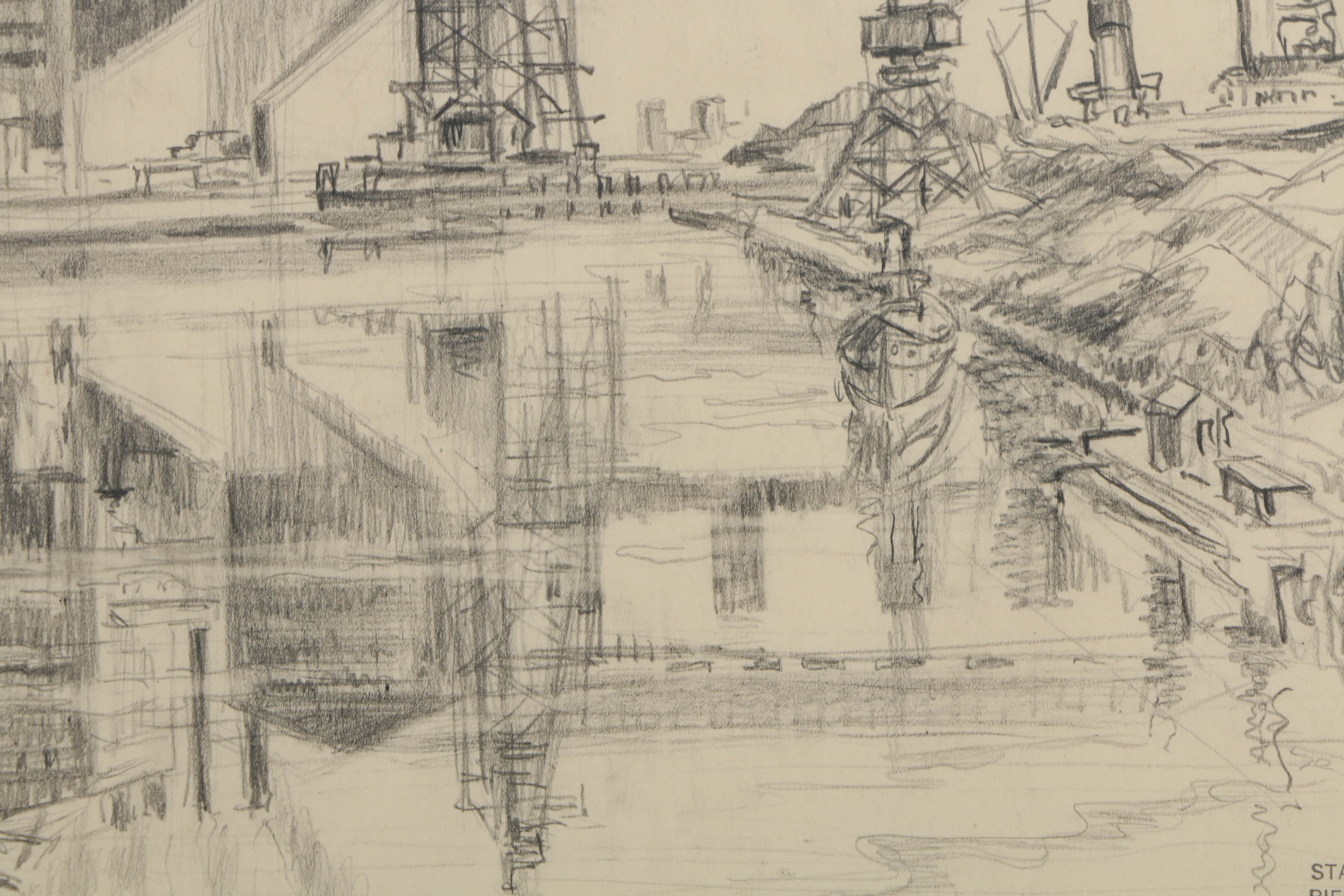 Stanley Bielecky Graphite Drawing on Paper Industrial Cityscape