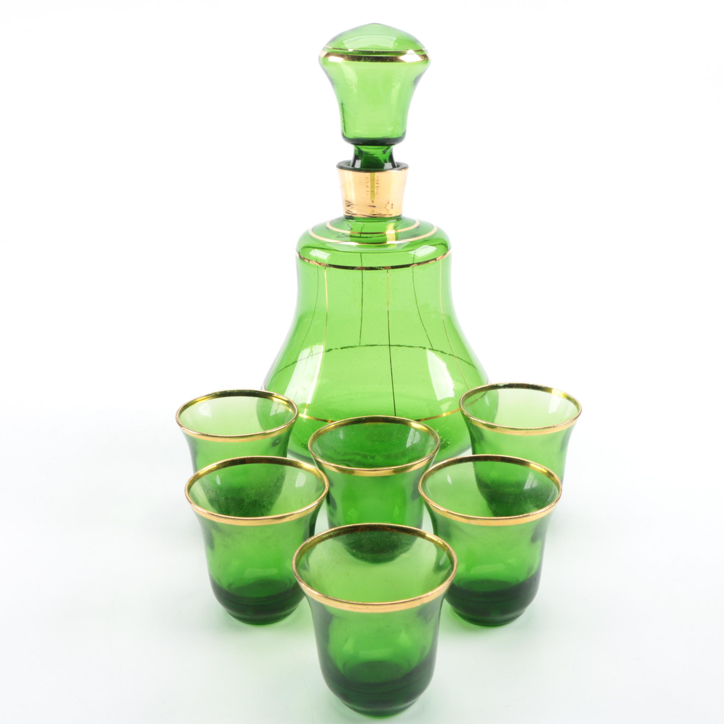 Green Glass Decanter and Drinkware