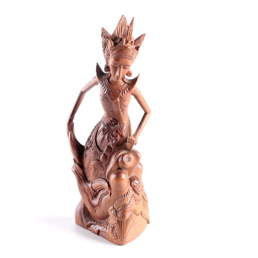 Balinese Inspired Carved Wooden Female Figure
