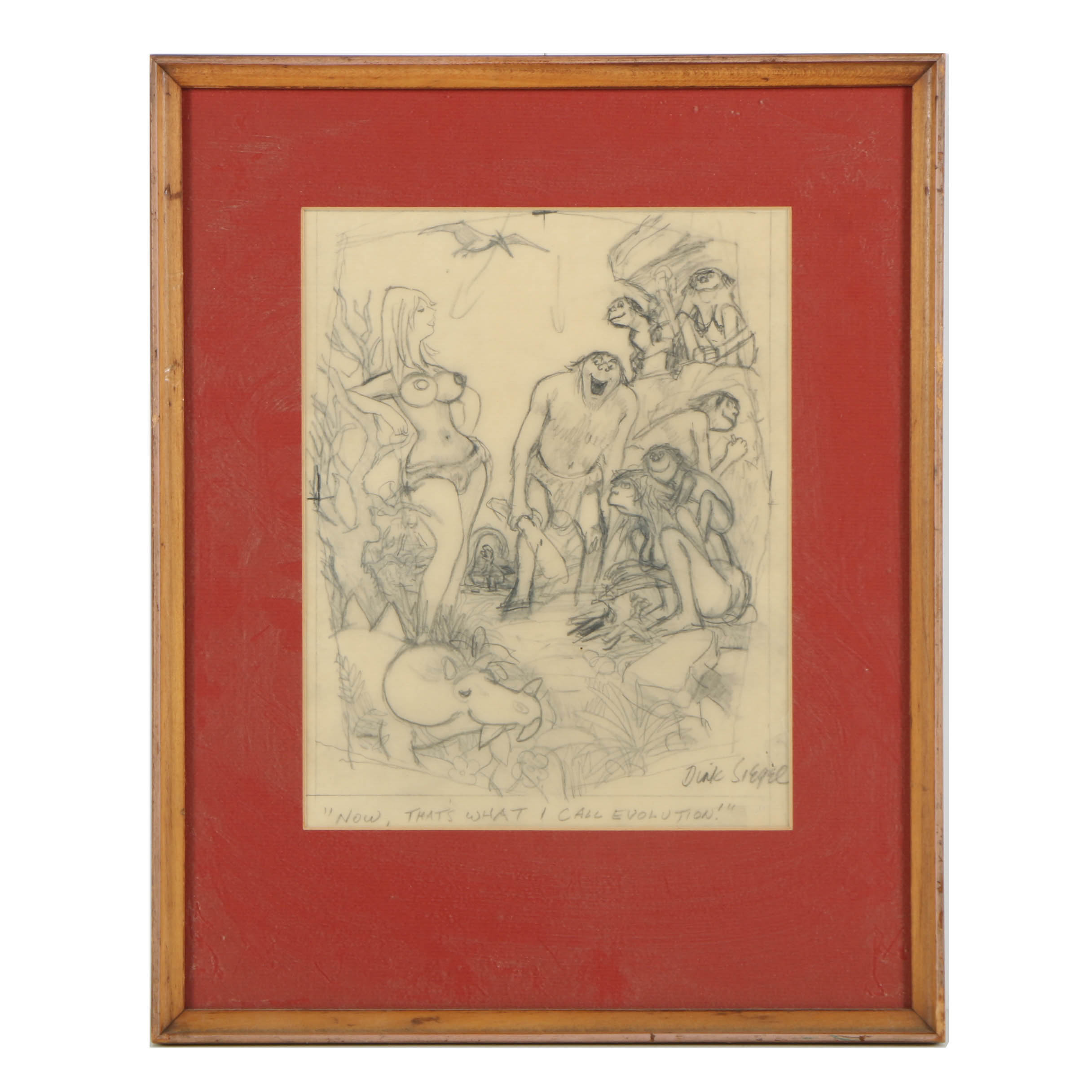 Dink Siegel Graphite Cartoon on Paper "Now That's What I Call Evolution!"