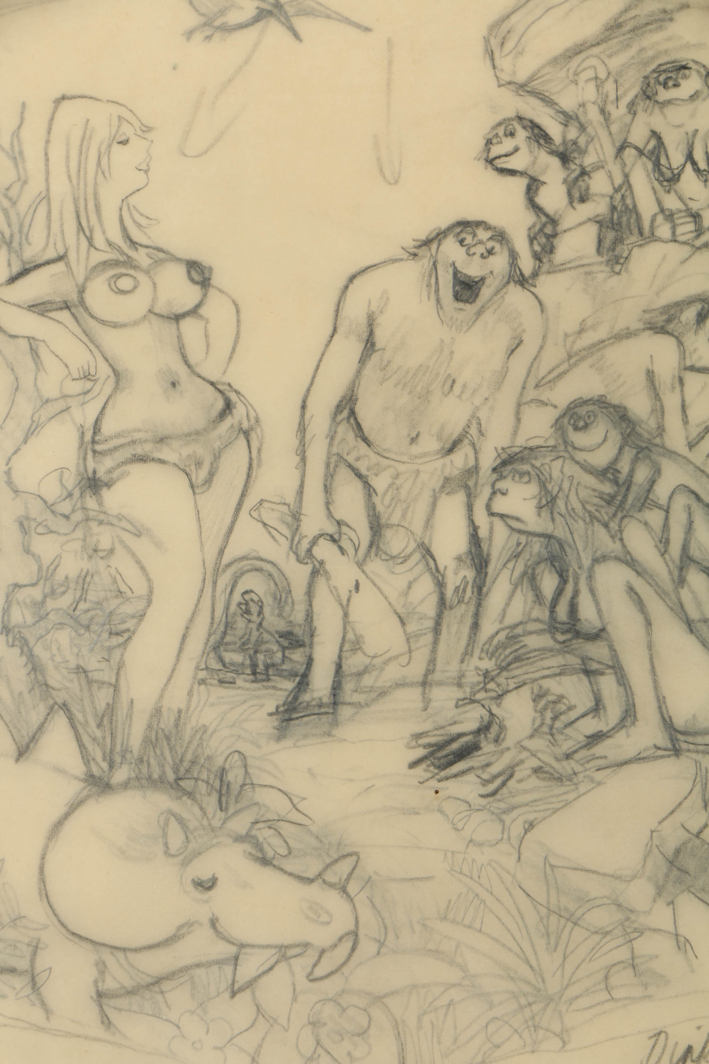 Dink Siegel Graphite Cartoon on Paper "Now That's What I Call Evolution!"