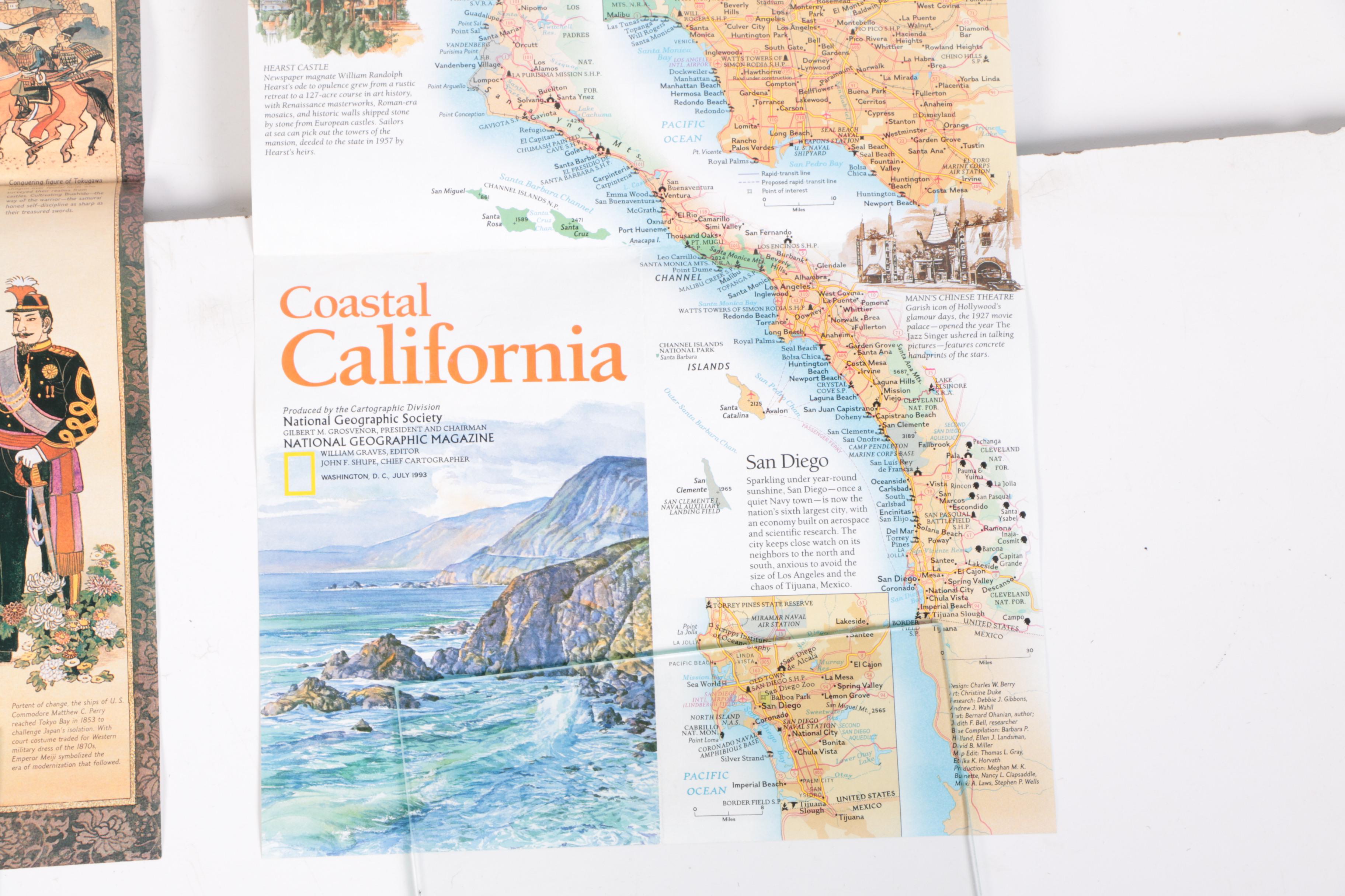 1990s National Geographic Society Maps of Japan, California and New York City