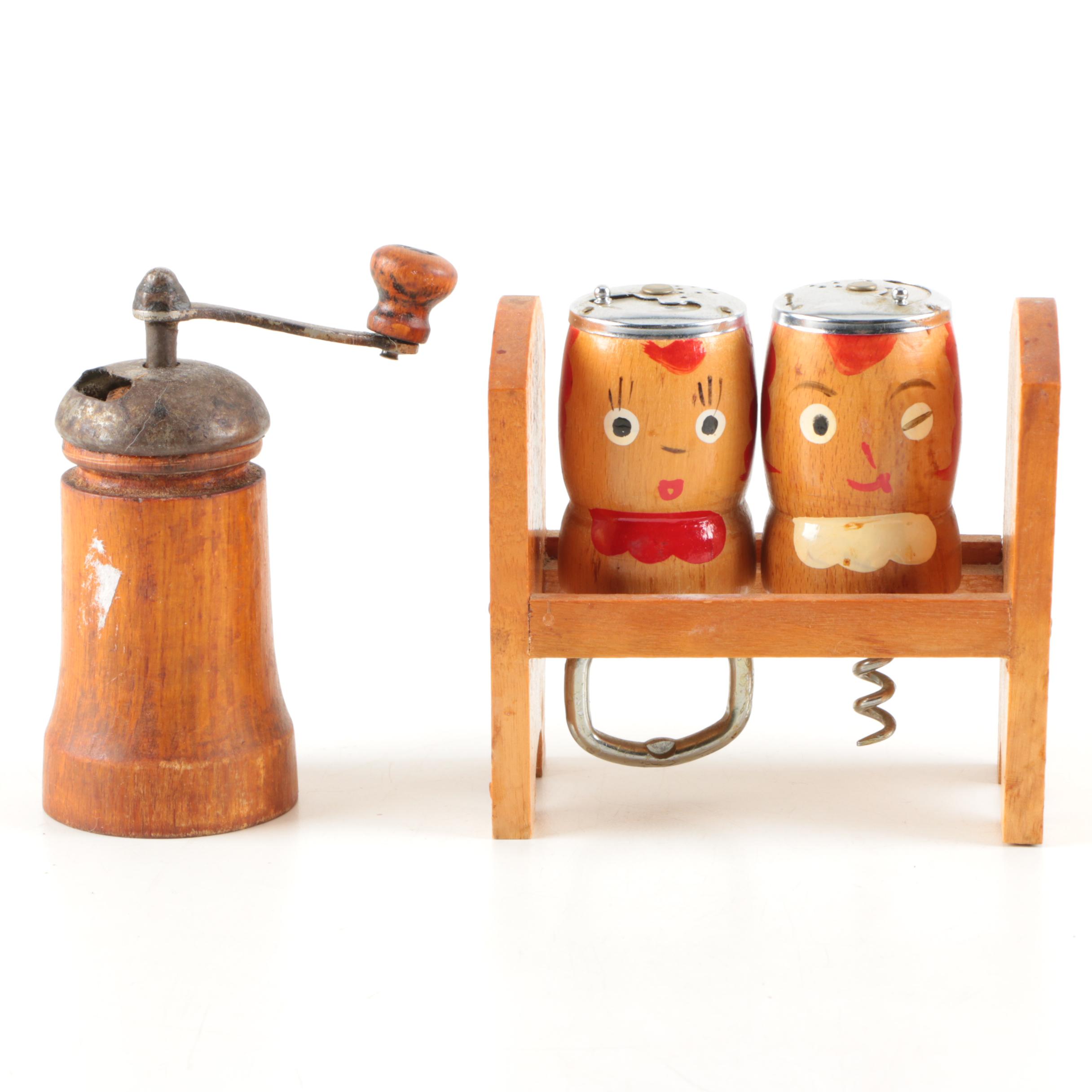 Mid-Century Modern Condiment Shaker Bottle Opener, Corkscrew and Pepper Grinder