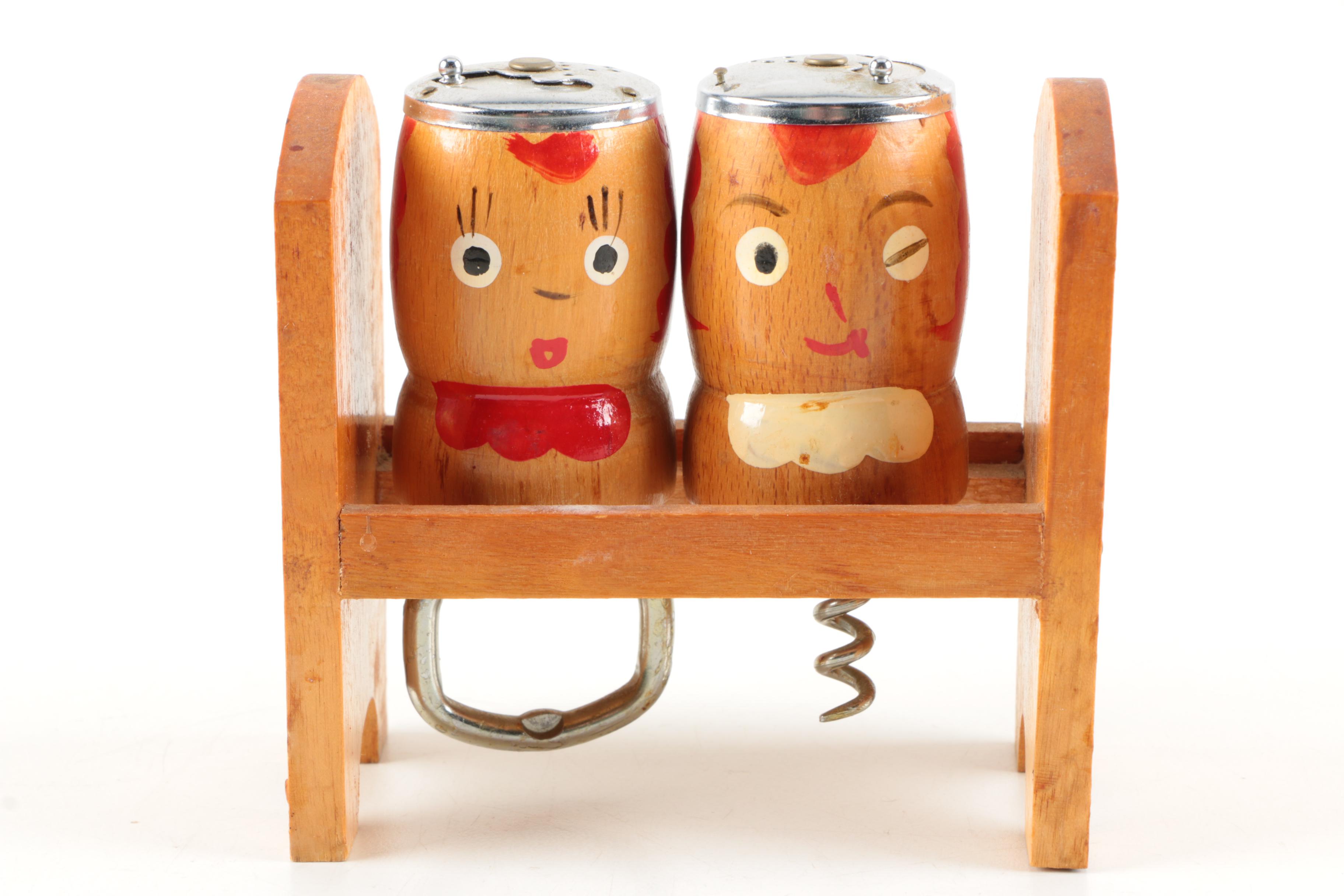 Mid-Century Modern Condiment Shaker Bottle Opener, Corkscrew and Pepper Grinder