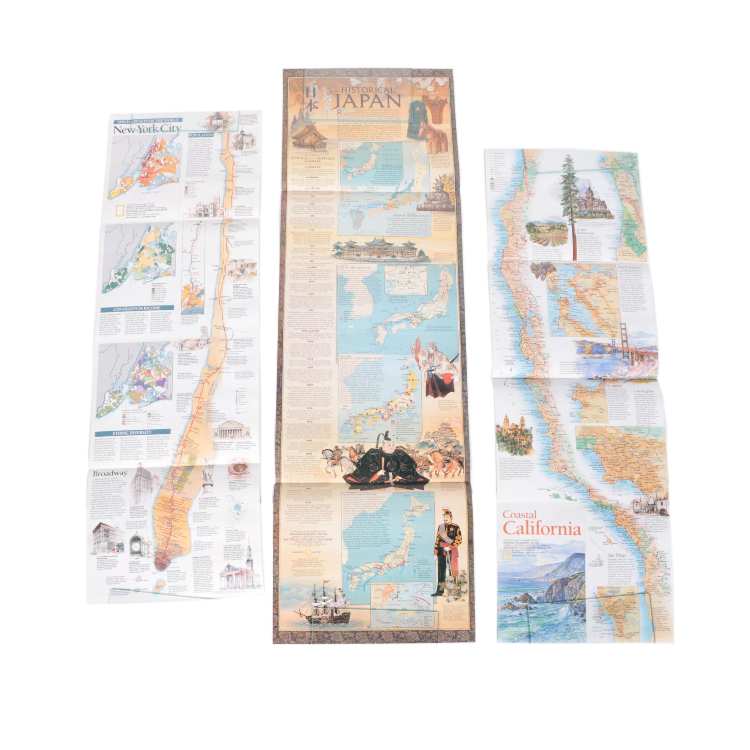 1990s National Geographic Society Maps of Japan, California and New York City