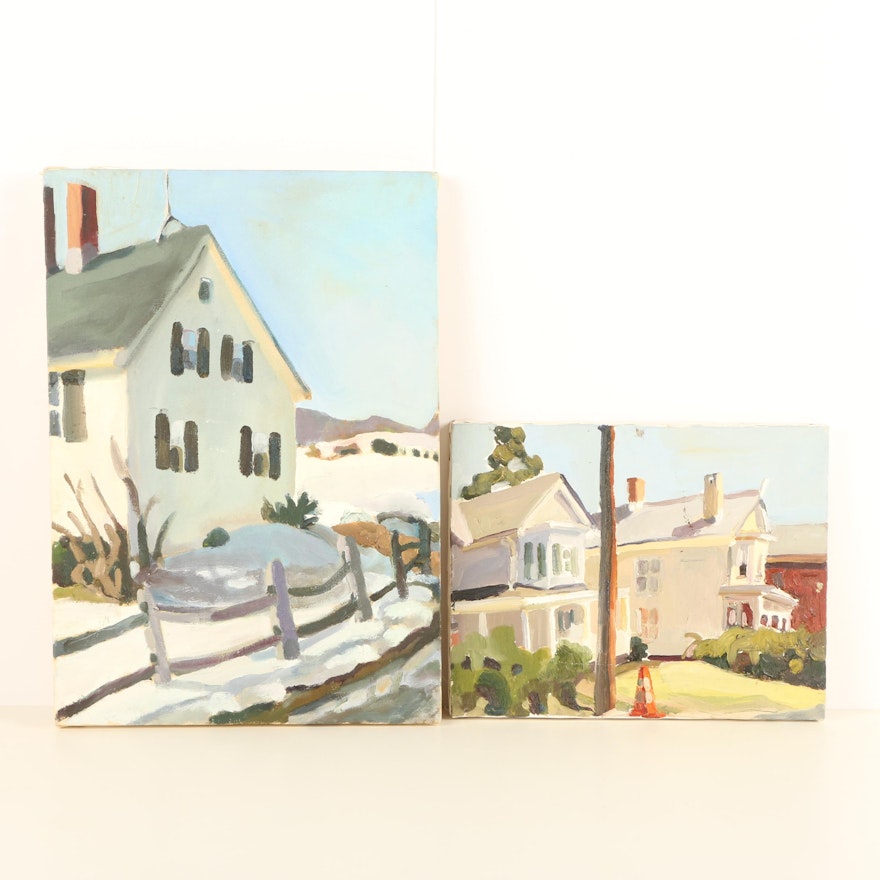 Pair of Oil Paintings on Canvas of Historic Country Homes
